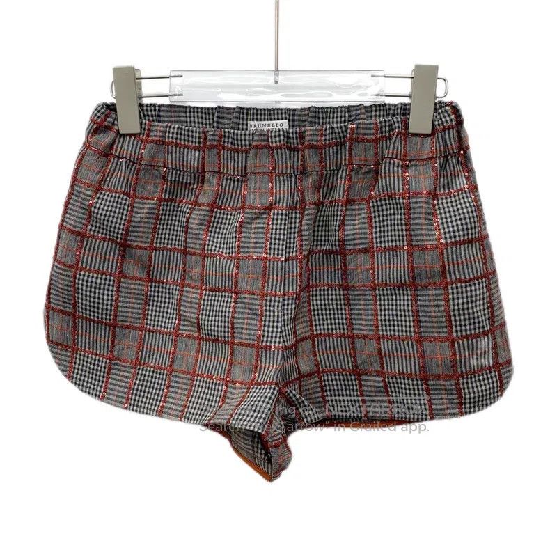 Brunello Cucinelli Color-blocked plaid sequined linen casu