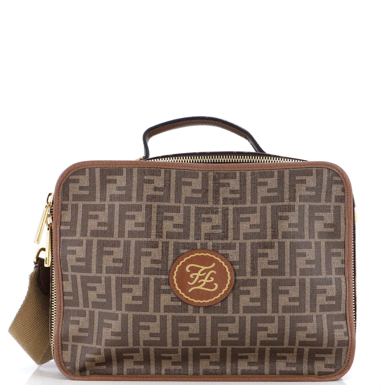 image of Fendi Zip Around Travel Bag Zucca Coated Canvas Small in Brown, Women's