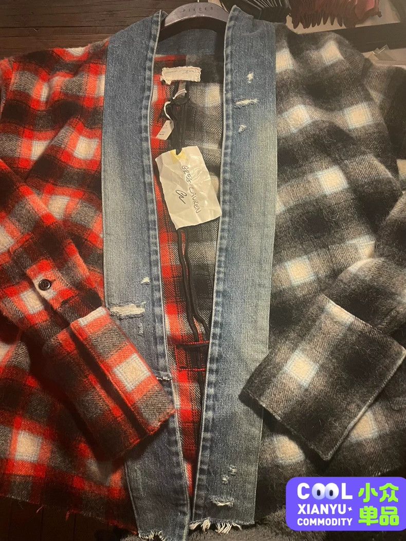 Greg Lauren greg lauren Wool plaid denim patchwork robe 2506-Nextarrow Size US XS / EU 42 / 0 - 1 Thumbnail