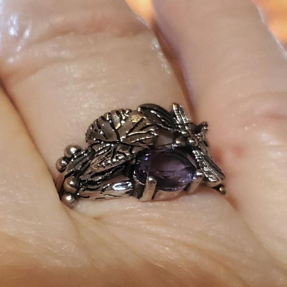 Designer Retro Vintage Leaf Dragonfly Purple Crystal Silver Ring Size ONE SIZE - 7 Thumbnail