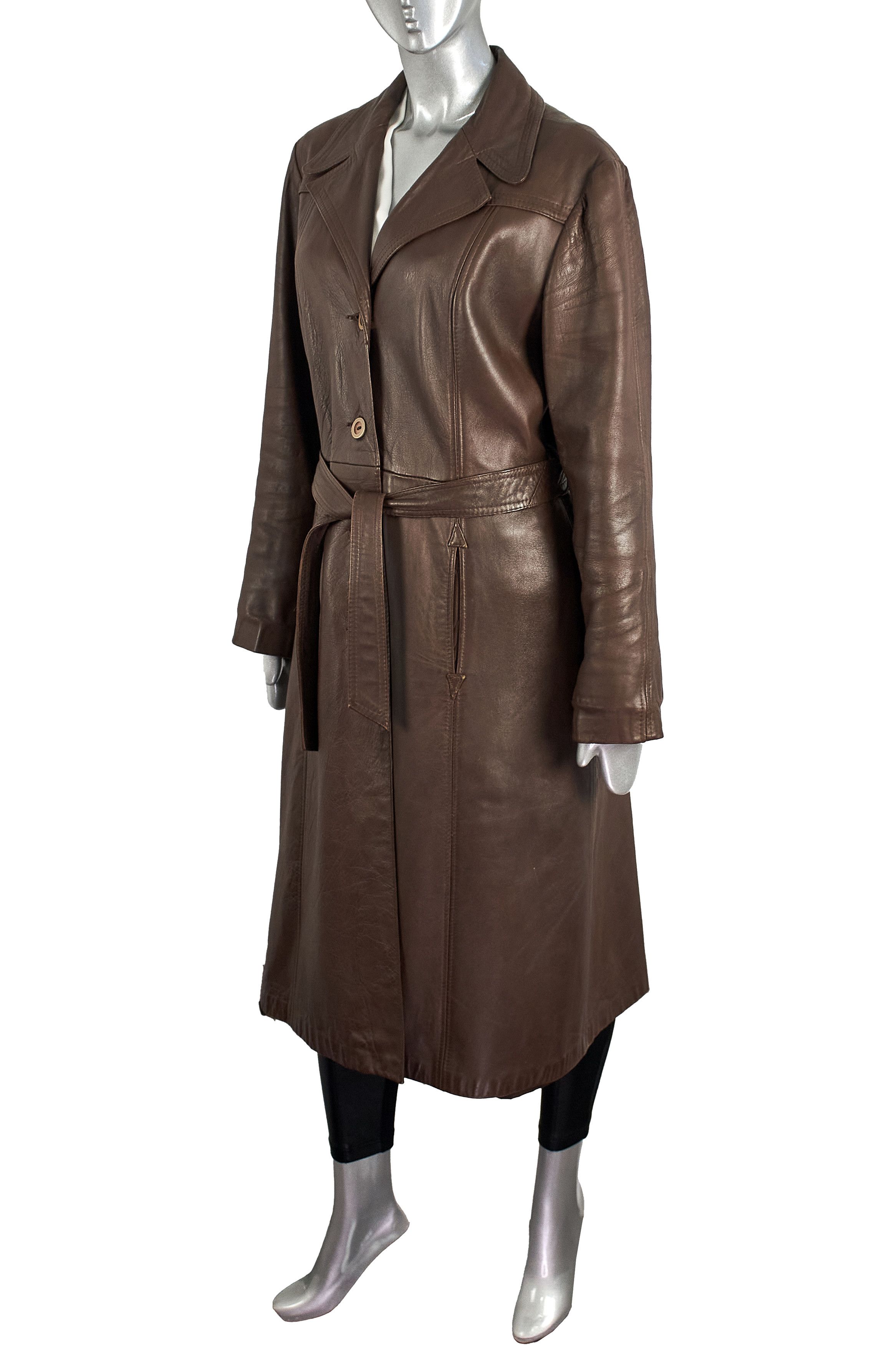 C&A Vintage 90s Brown Belted Leather Coat Trench Made in England Size M / US 6-8 / IT 42-44 - 5 Thumbnail