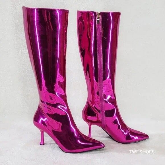 Other Static Shiny Metallic Fuchsia Knee Boots 3" Kitten Heels (US Size US 10 / IT 40 - 4 Thumbnail