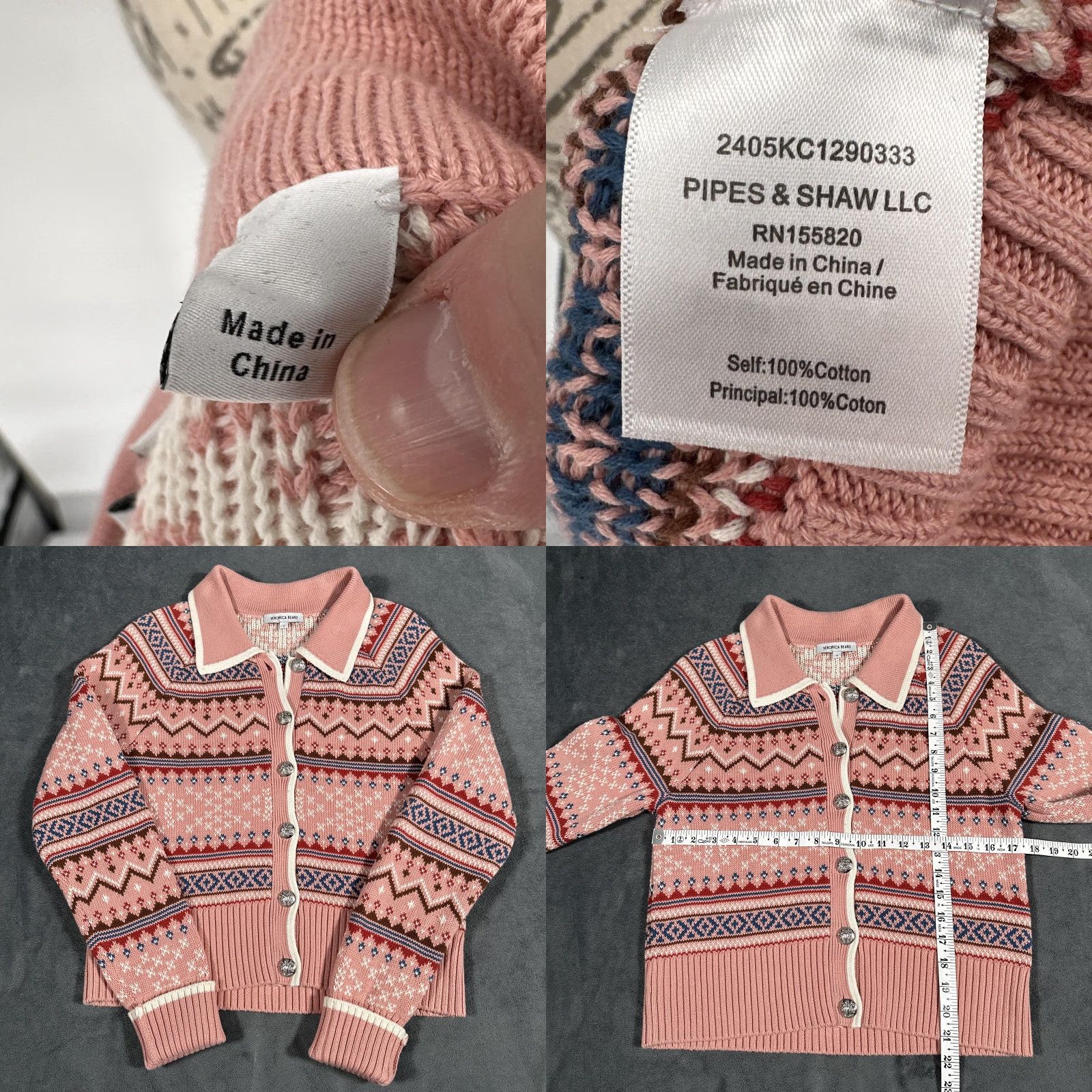 Veronica Beard VERONICA BEARD Sweater Womens Medium Pink Fair Isle Collared Cardigan Ski Knit Size M / US 6-8 / IT 42-44 - 8 Thumbnail