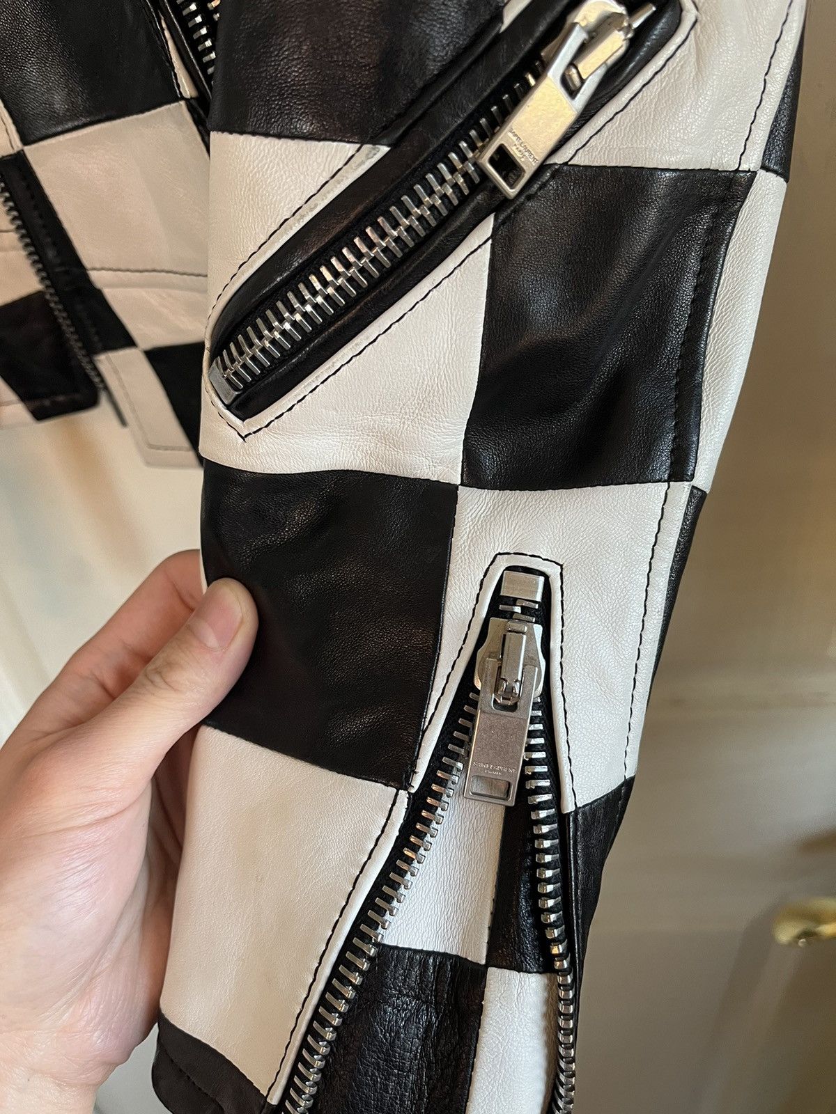 SS14 Checkered Multizip Hand Stitched Leather Jacket