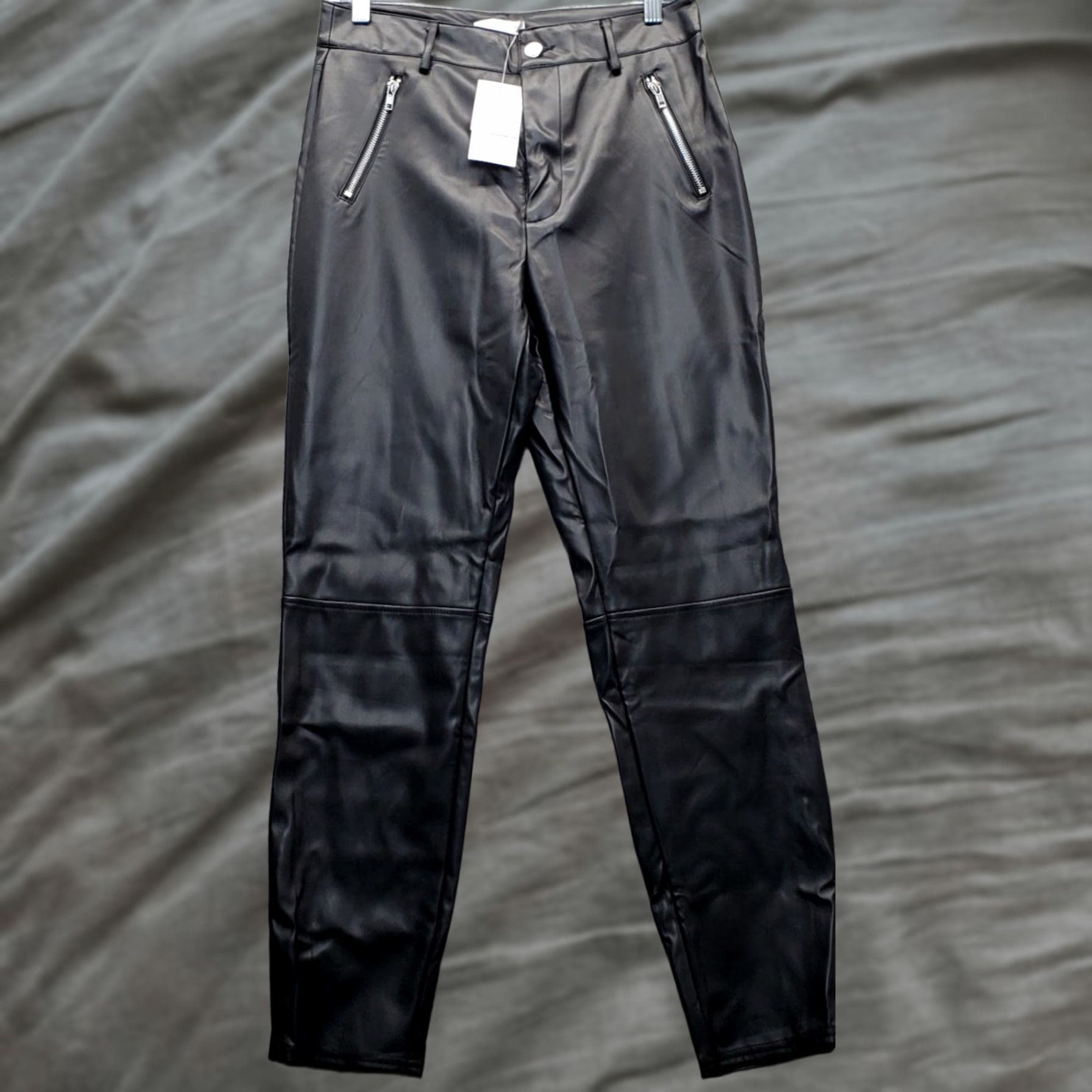 Vintage ShoeDazzle Womens M Black Faux Leather Pants Zip Pockets Flat Front Skinny Leg Size 32" / US 10 / IT 46 - 1 Thumbnail