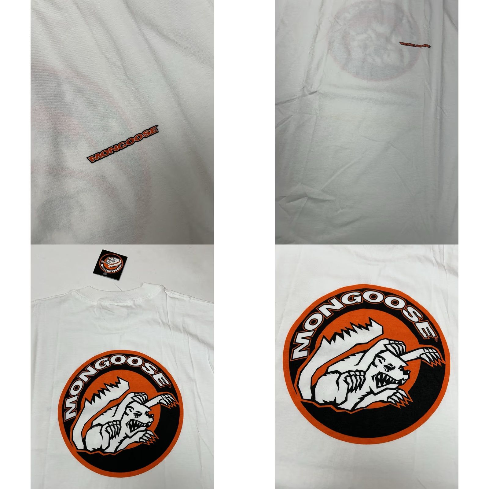 J Brand VINTAGE Mongoose BMX T-Shirt White Large Mens Short Sleeve Crew Neck 1999 90s Biker Mongoose BMX Graphic Print Clothing Shirt Size US L / EU 52-54 / 3 - 8 Thumbnail