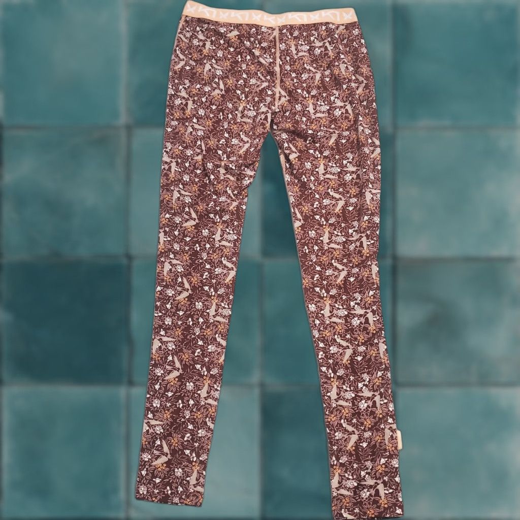 Vintage Kari Traa Base Layer FRYD Pant Women M Burgundy Peach Bird Floral Print Leggings Size 32" / US 10 / IT 46 - 1 Thumbnail