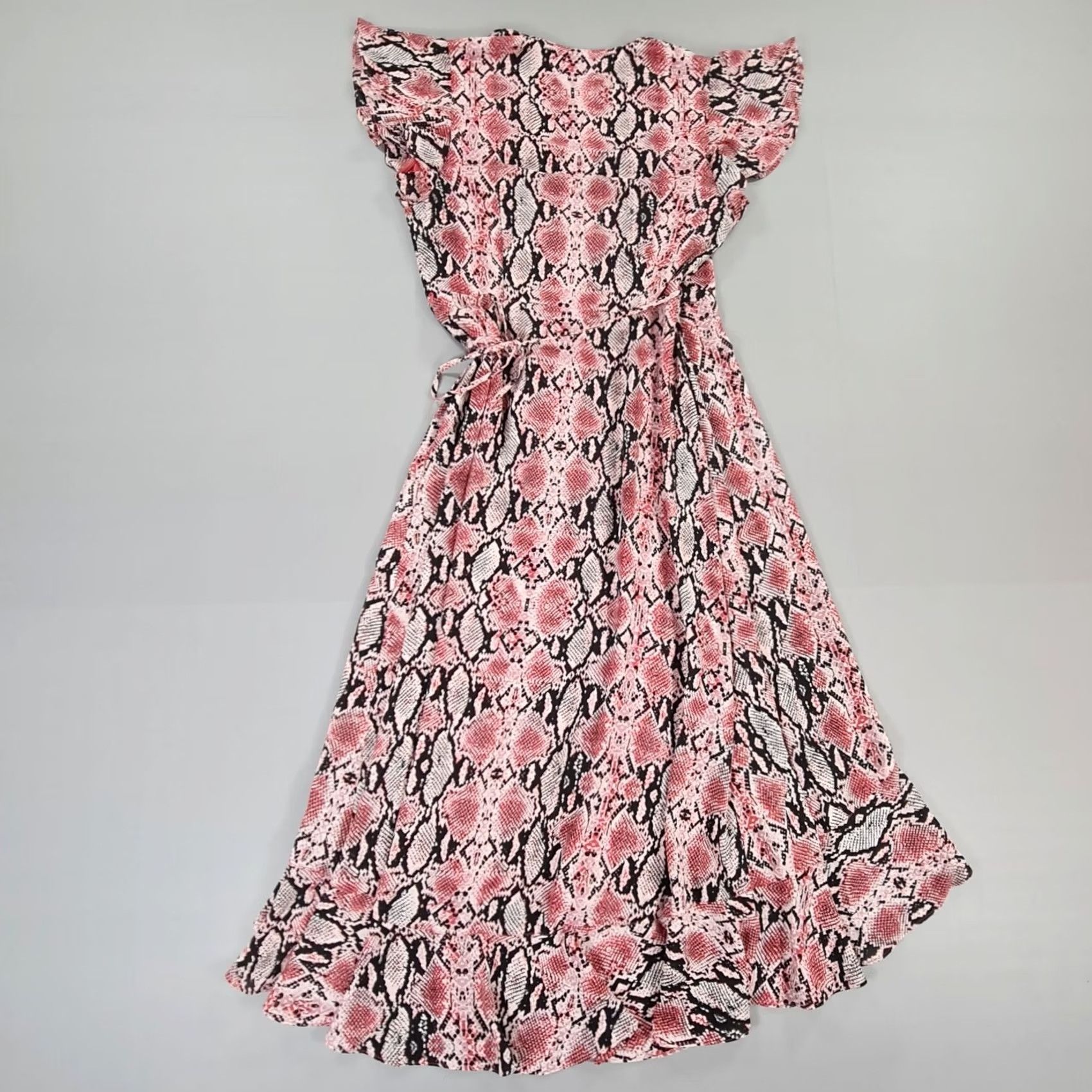 Adrianna Papell Adrianna Papell Womens Midi Dress Pink 6 UK Snake Pattern Wrap Front Frill Dress Size M / US 6-8 / IT 42-44 - 6 Thumbnail