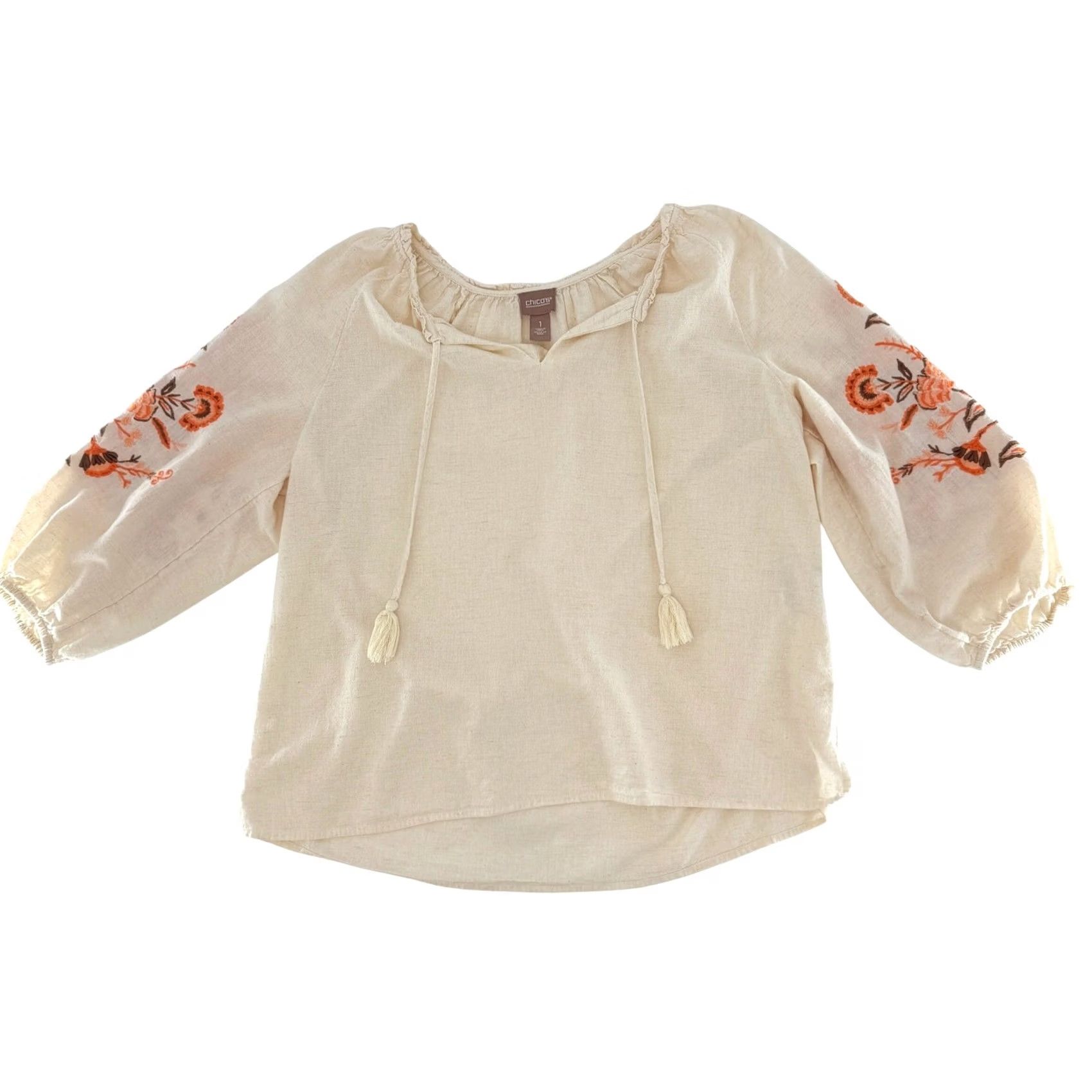 Vintage Chicos Beig*e?* Embroidered Floral Tassels V-Neck Boho Tunic Top Size 1 Women Shirt Size XS / US 0-2 / IT 36-38 - 5 Thumbnail