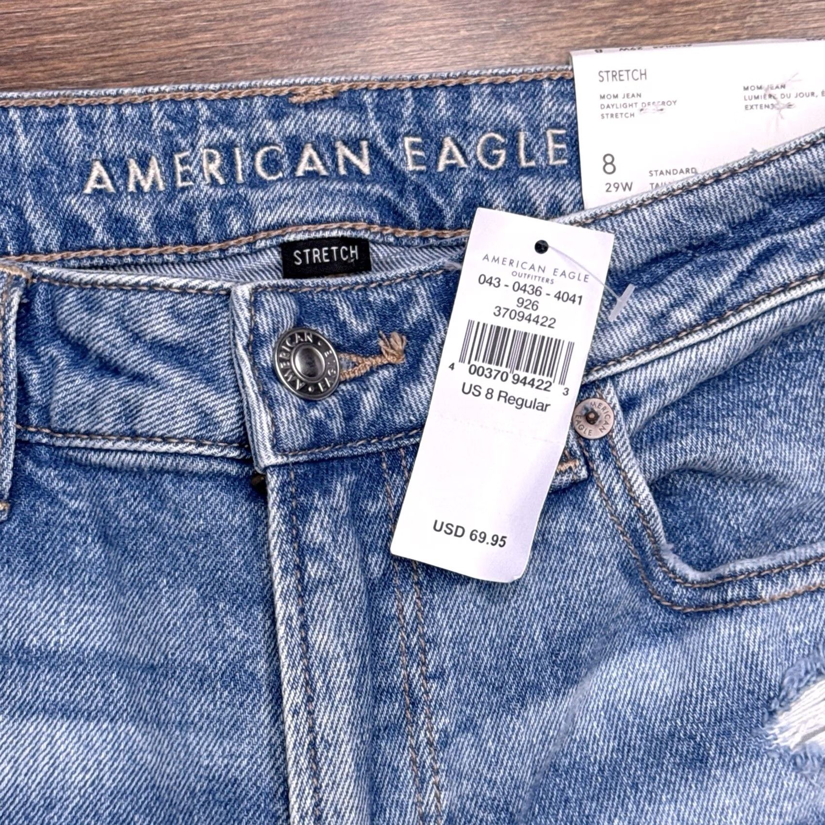 American Eagle Outfitters American Eagle Mom Jeans Womens 8 29W High Rise Stretch Distressed New Blue 90s Grunge Retro Logo Jeans Womens Style Mom Size 30" / US 8 / IT 44 - 3 Thumbnail
