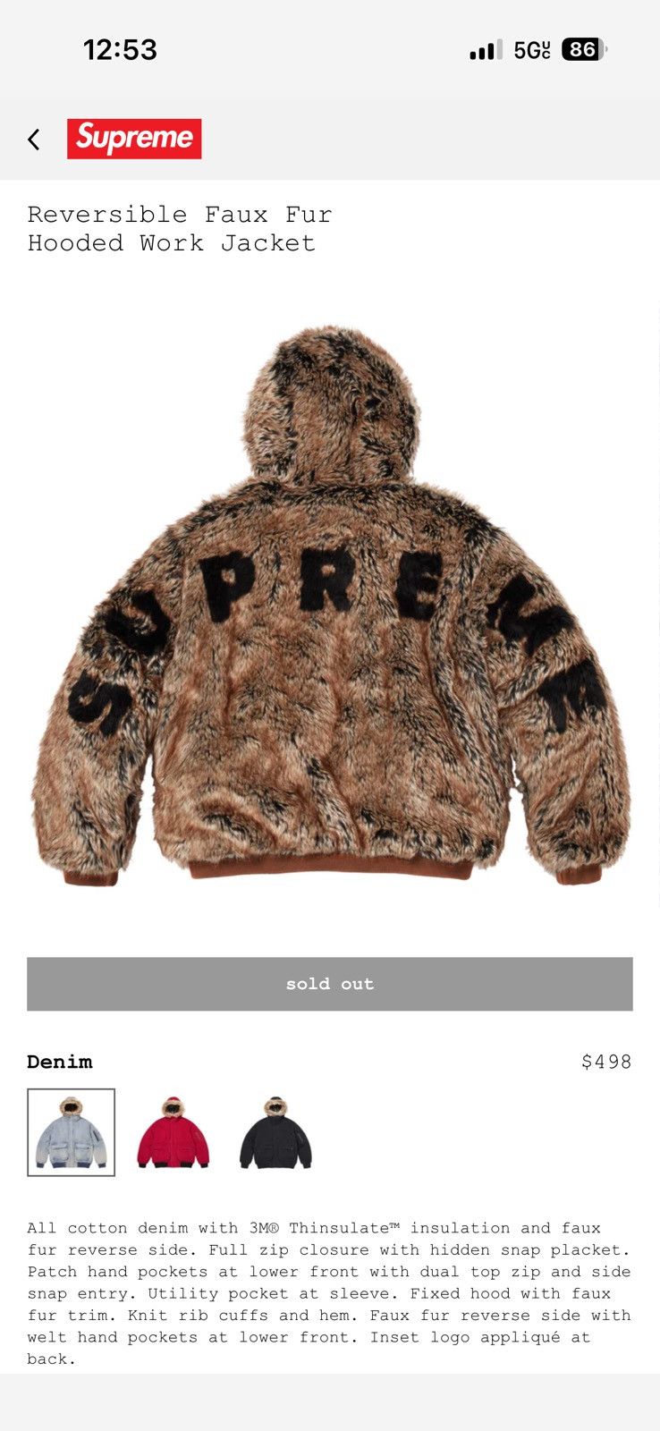 Supreme Supreme SS26 Reversible Faux Fur Hooded Work Jacket Denim Size US M / EU 48-50 / 2 - 10 Thumbnail