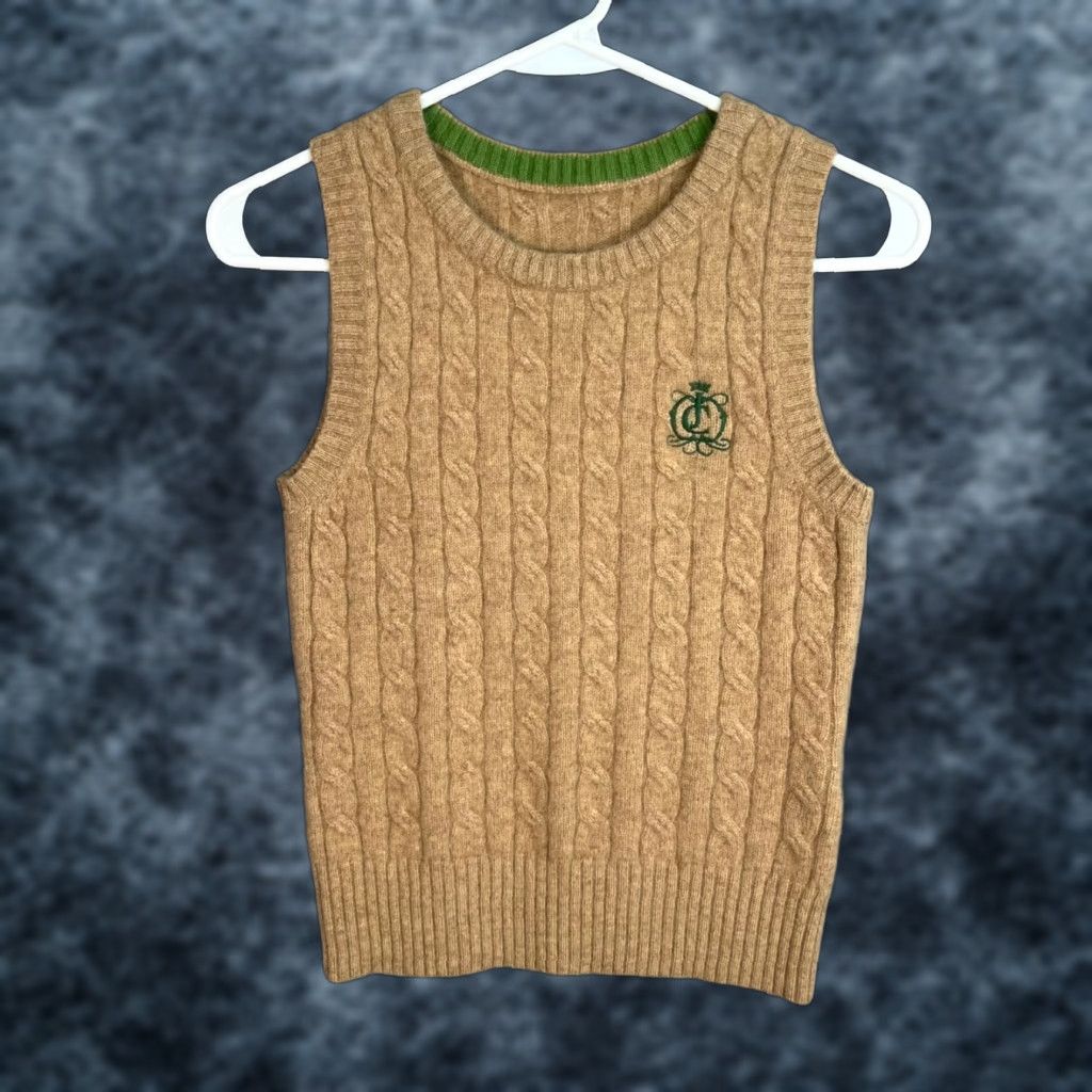 Logo 7 VINTAGE Vintage-Inspired Cable Knit Sweater Vest Tan With Green Monogram Logo Size XS / US 0-2 / IT 36-38 - 1 Thumbnail
