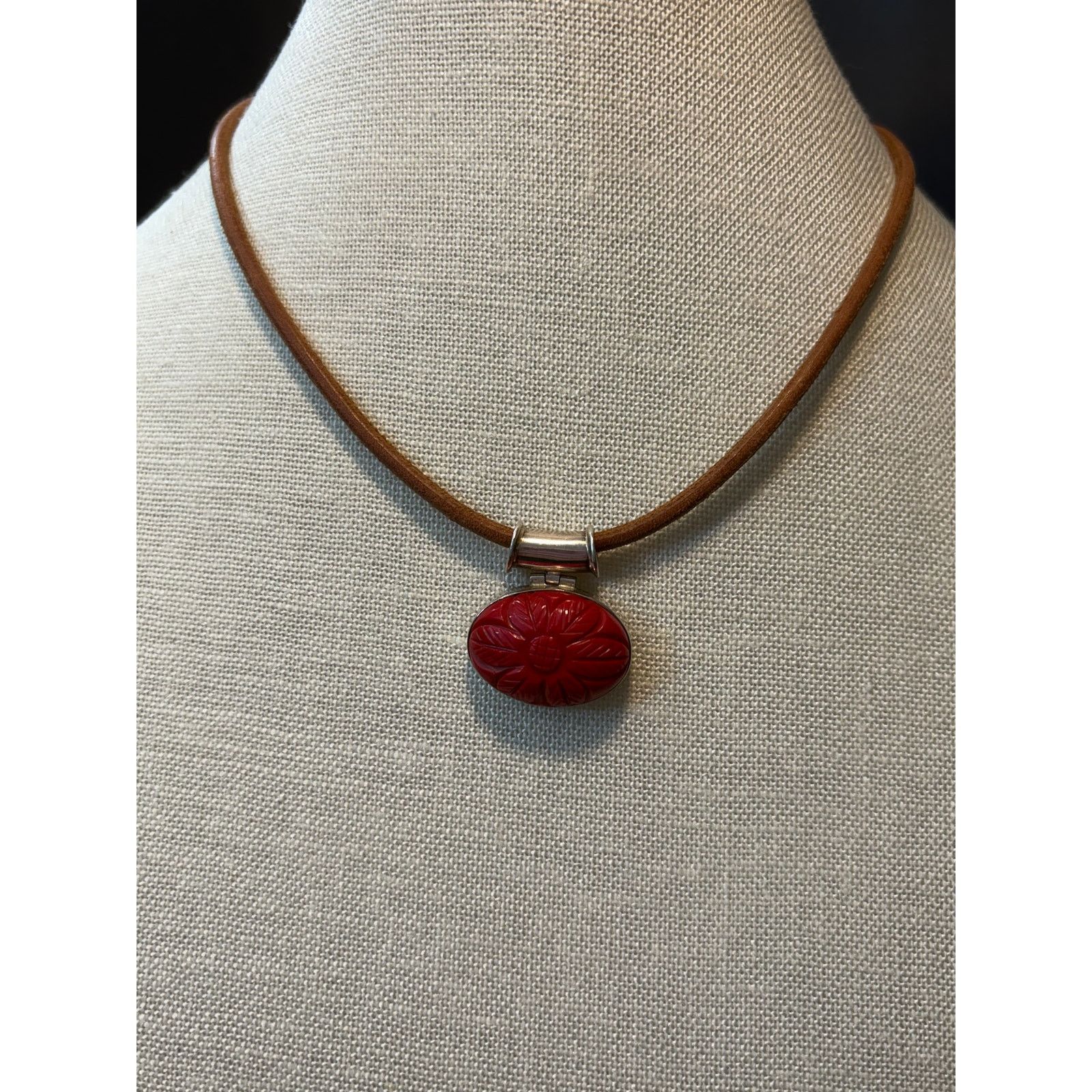 Other Sterling Silver Cinnabar Pendant Necklace on Leather Cord Size ONE SIZE - 2 Thumbnail