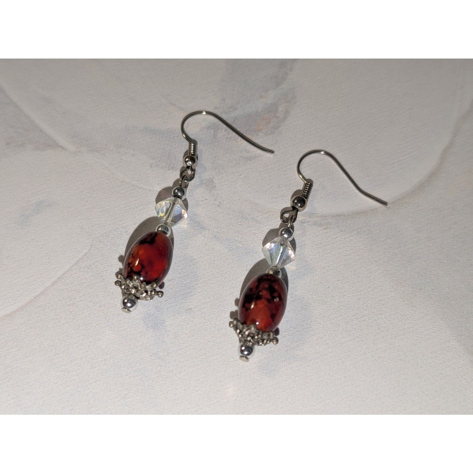 Vintage VTG 1980s Boho Silver-Tone Red Marbled Beaded Drop Earrings Size ONE SIZE - 1 Thumbnail
