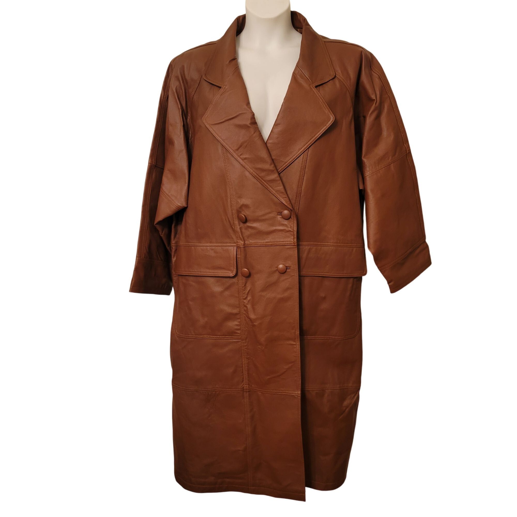 Vintage Venezia 1X Brown Leather Double Breasted Trench Coat Slouchy Size XXL / US 16-18 / IT 52-54 - 1 Thumbnail