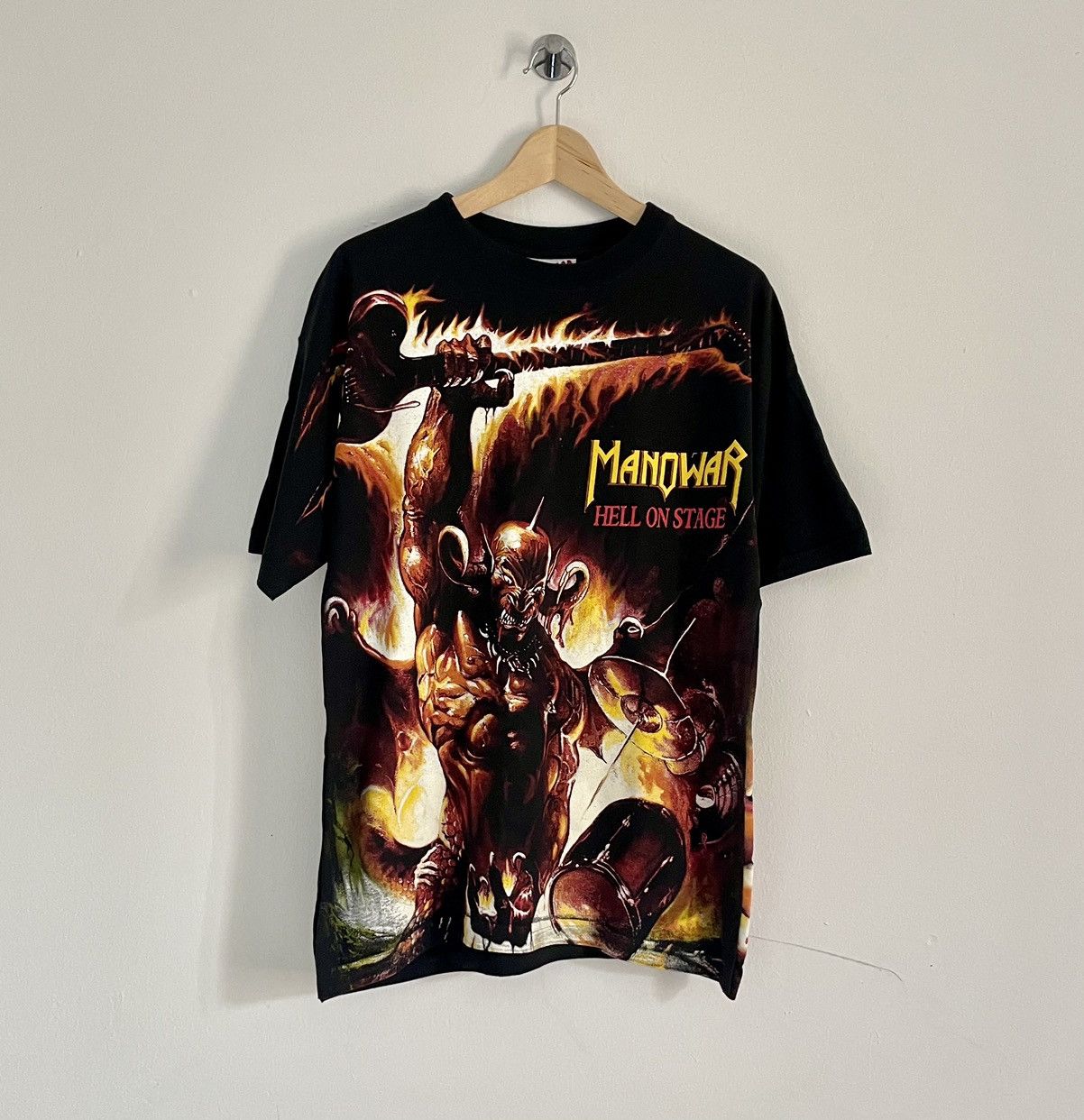 image of Vintage Manowar 1999 Aop Hell On Stage T-Shirt in Black, Men's (Size XL)