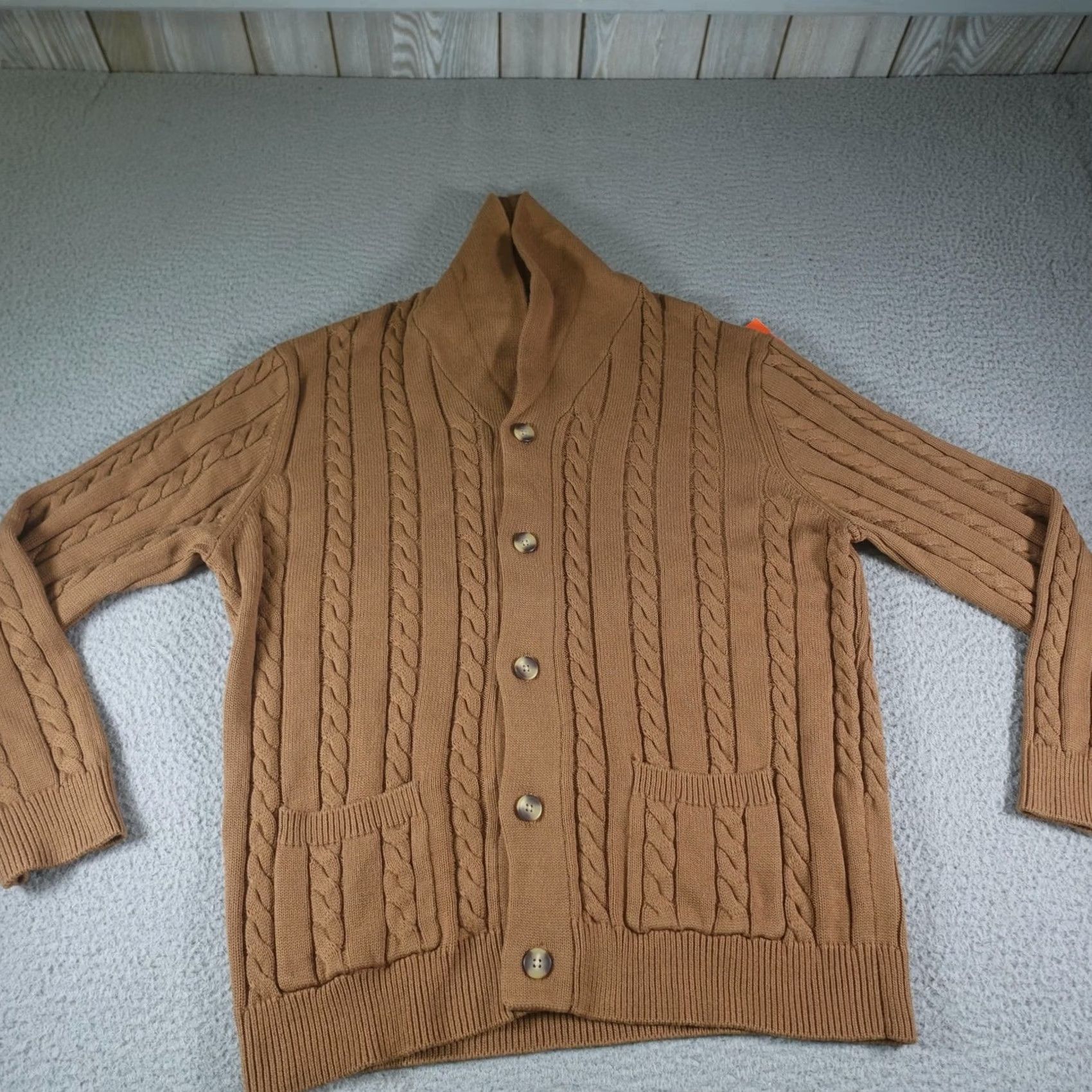 Vintage Crown & Ivy Cardigan Mens XL Beige Shawl Collar Cable Knit Button Front Pocketed Knit Sweater Regular Fit Size US XL / EU 56 / 4 - 2 Thumbnail