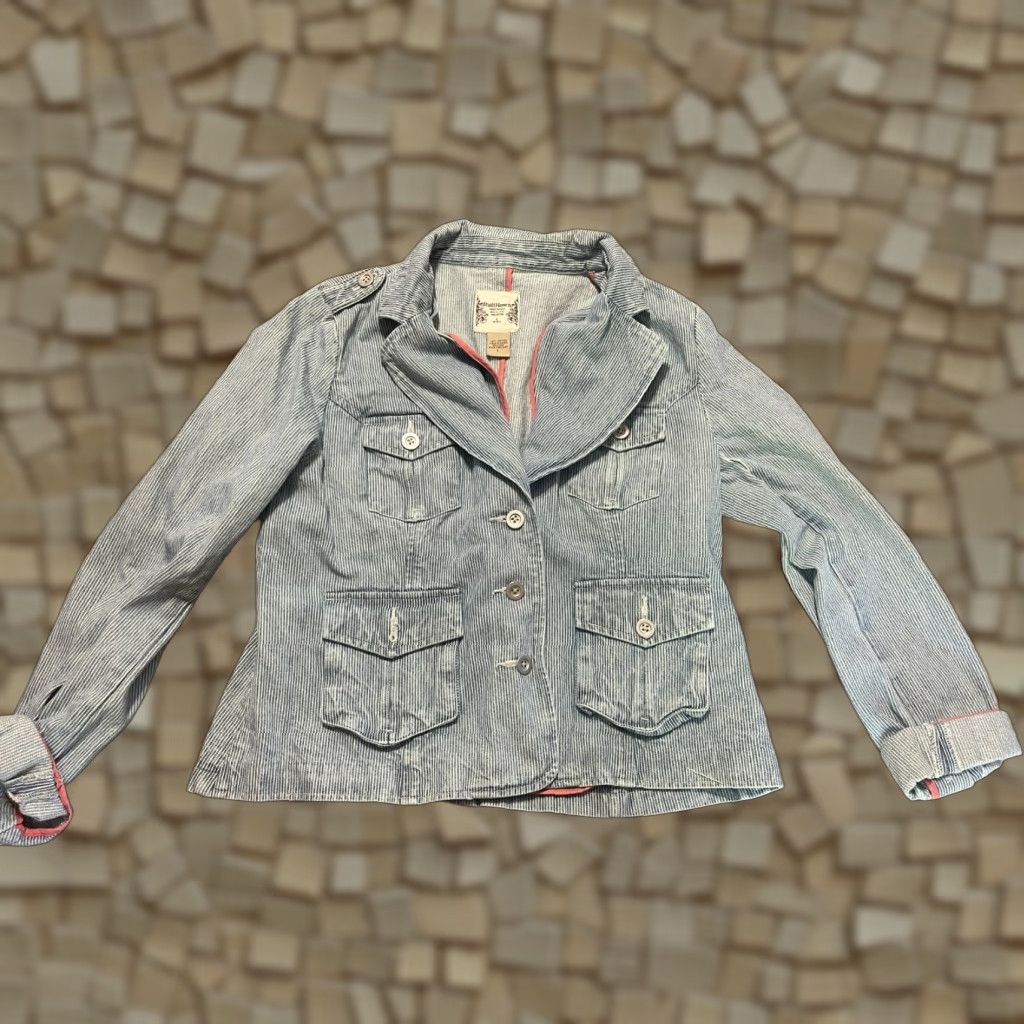 Vintage Ruff Hewn Jacket Women's Large Blue Striped Buttons Up Pockets Casual Fall Spring Summer Cotton Blend Size L / US 10 / IT 46 - 1 Thumbnail