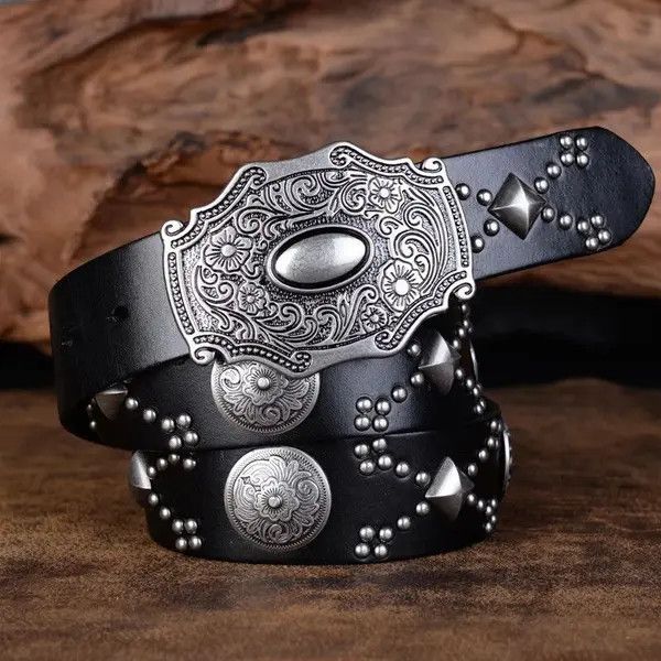 image of Vintage Punk Rivet Leather Belt in Black, Men's
