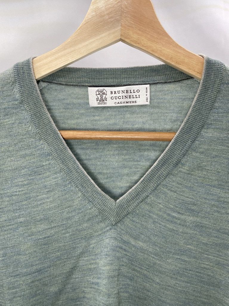 Brunello Cucinelli BRUNELLO CUCINELLI Green V Neck Cashmere Silk Sweater Size US M / EU 48-50 / 2 - 2 Thumbnail