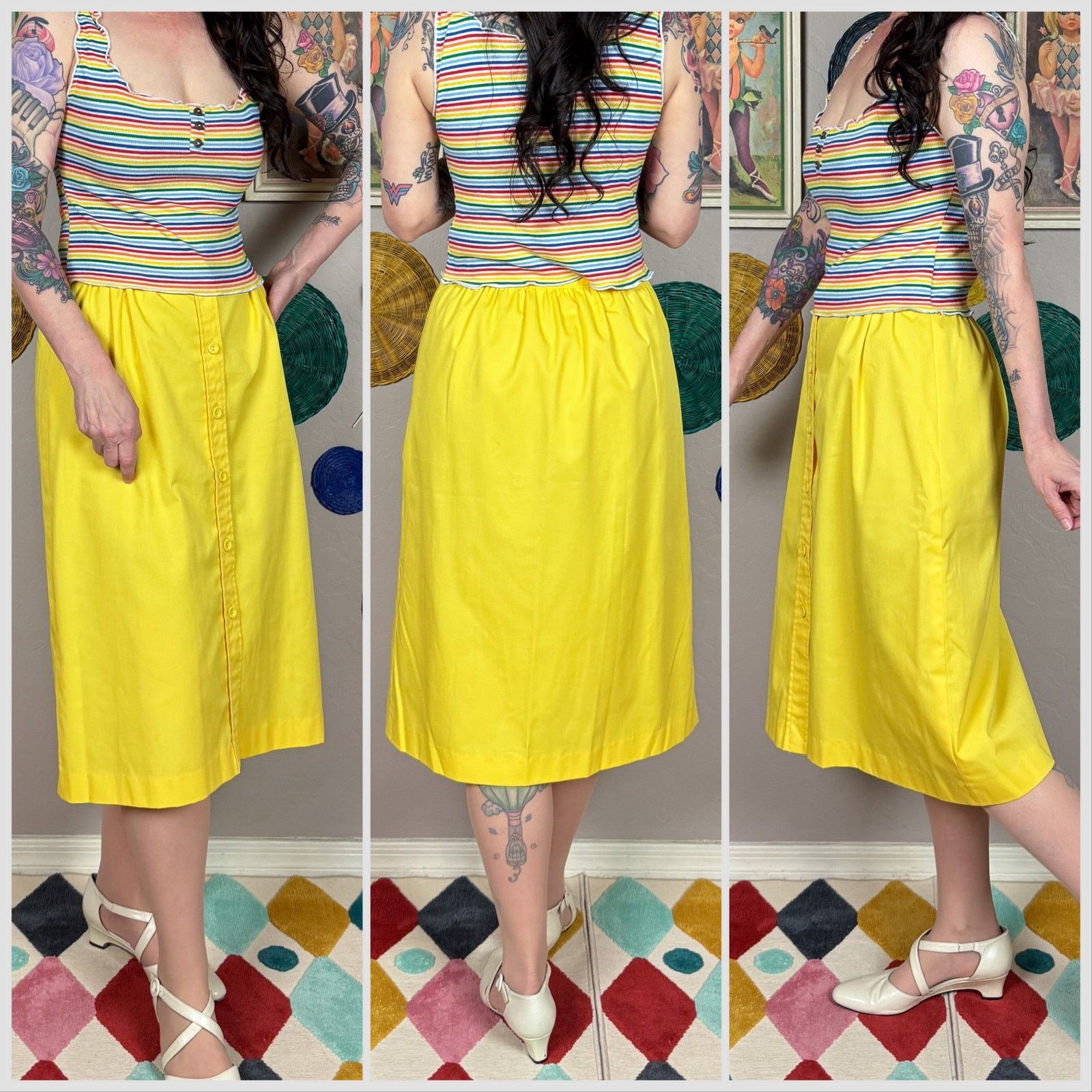 Vintage Vintage 1970s Yellow Cotton Button Front Skirt Size 26" / US 2 / IT 38 - 2 Thumbnail
