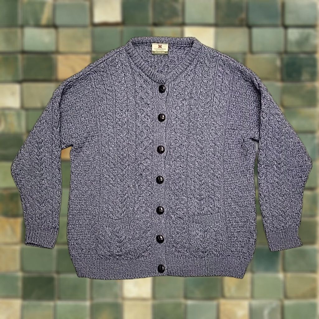 Carraigdonn Sweater Womens M Blue Cable Knit Cardigan Merino Wool Fishermans