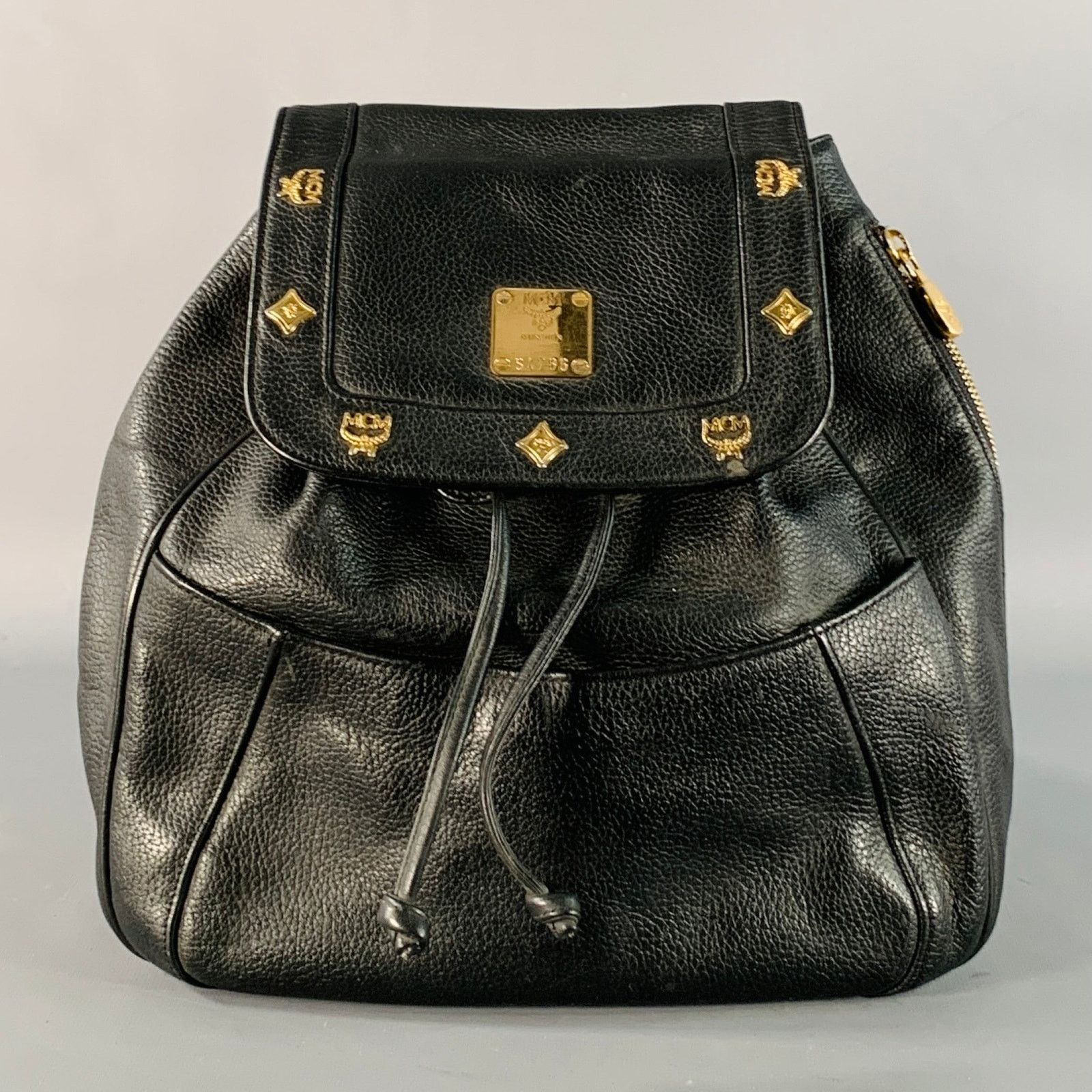 MCM MCM Vintage Small Black Gold Leather Drawstring Backpack Size ONE SIZE - 1 Thumbnail