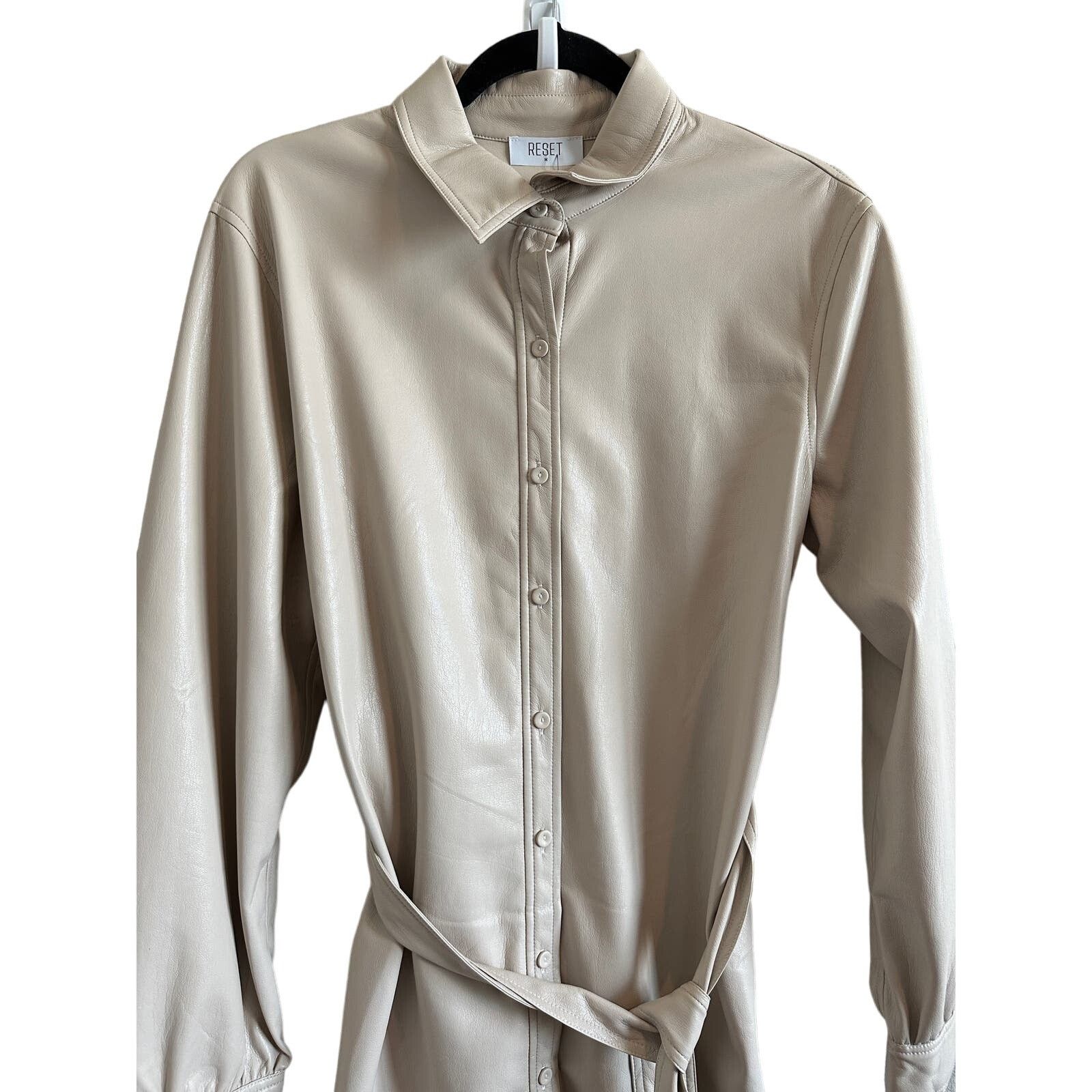 Other Reset Medium Cream Faux Leather Button Down Tie Waist Dress Size M / US 6-8 / IT 42-44 - 7 Thumbnail