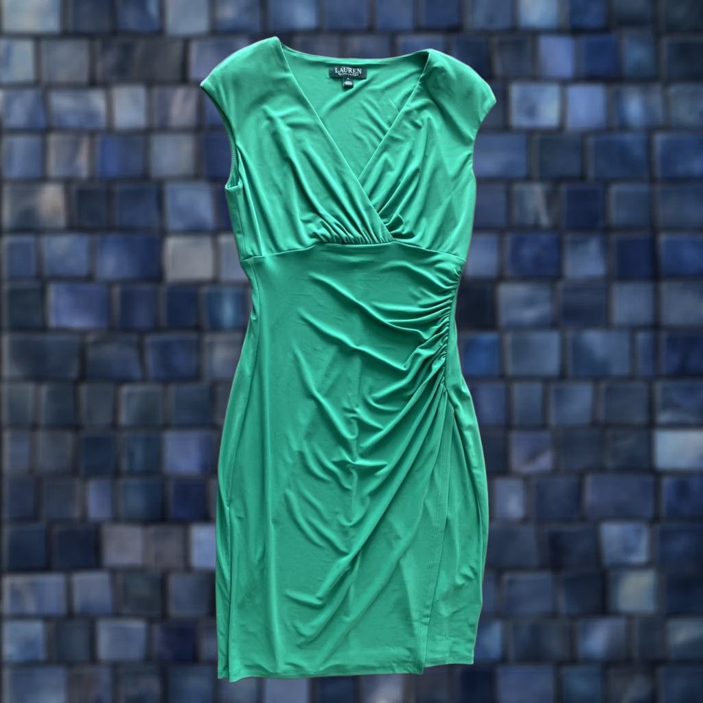 Ralph Lauren Lauren Ralph Lauren Dress Sleeveless V-Neck Midi Wrap Ruched Solid Green Women's 4 Regular Stretch Polyester Spandex Jersey Size S / US 4 / IT 40 - 1 Thumbnail