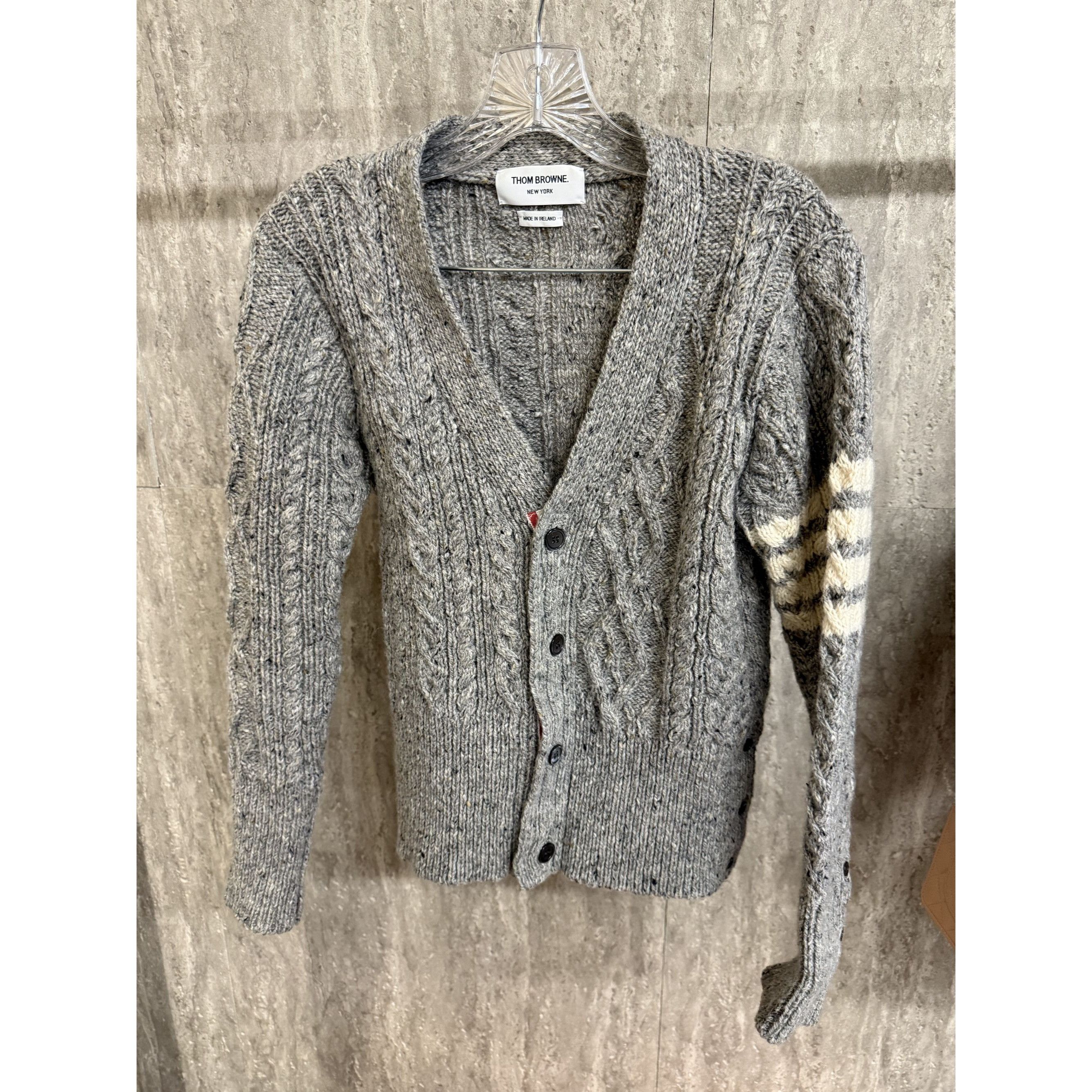 Thom Browne Thom Browne Gray Cable Knit Wool Cardigan With Signature Str Size XXS / US 00 / IT 34 - 1 Thumbnail