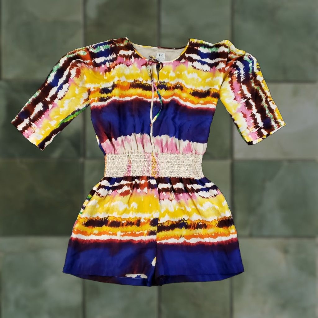 Halston Halston Heritage Romper Womens Blue Silk Tie Dye Short Sleeve Boho Festival Party Size 6 Size 28" / US 6 / IT 42 - 1 Thumbnail