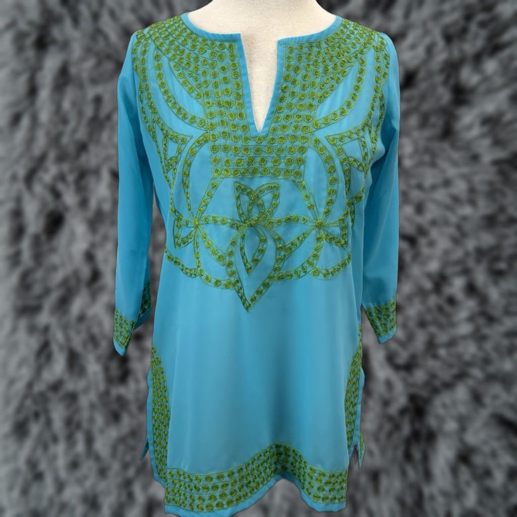 Vintage Gretchen Scott Designs Sheer Tunic Top Sheer Sz Xsmall Aqua Green Embroidered XS Blue Polyester Embroidered Sheer Tunic Top Gretchen Scott Designs Size XS / US 0-2 / IT 36-38 - 1 Thumbnail