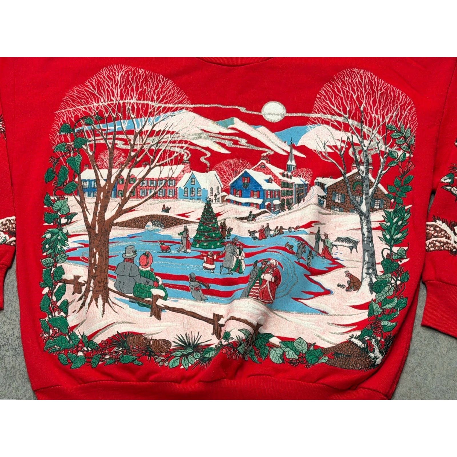 Vintage VINTAGE Nutcracker Sweater 90s Christmas Red Large Crew Neck Unisex Adults Long Sleeve Pullover Graphic Print Town Ice Skating Scene Size US L / EU 52-54 / 3 - 7 Thumbnail