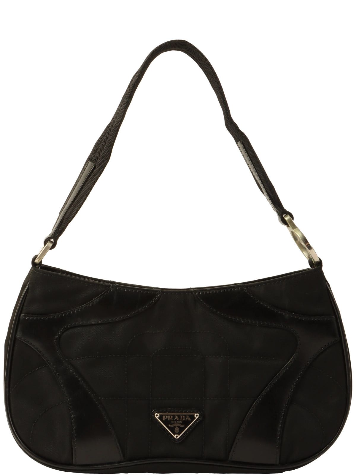 image of Prada Leather Nylon Combination Design Stitch Logo Plate Shoulder Bag Black, Women's