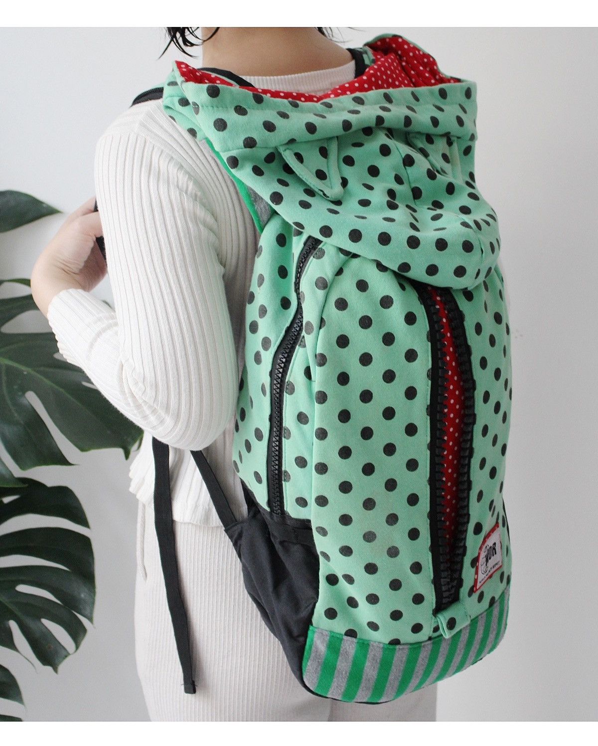 Japanese Brand 2000S HOODED BACKPACK BY WOR – GREEN POLKA DOTS Size ONE SIZE - 3 Thumbnail