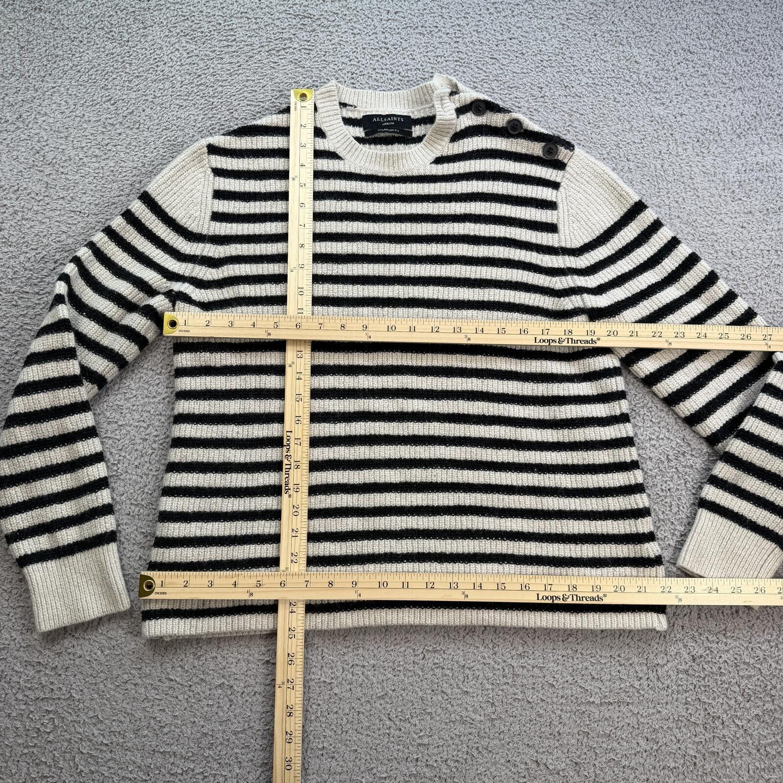 Allsaints ALLSAINTS Black Cream Striped Wool Blend Crewneck Sweater M Size US M / EU 48-50 / 2 - 4 Thumbnail