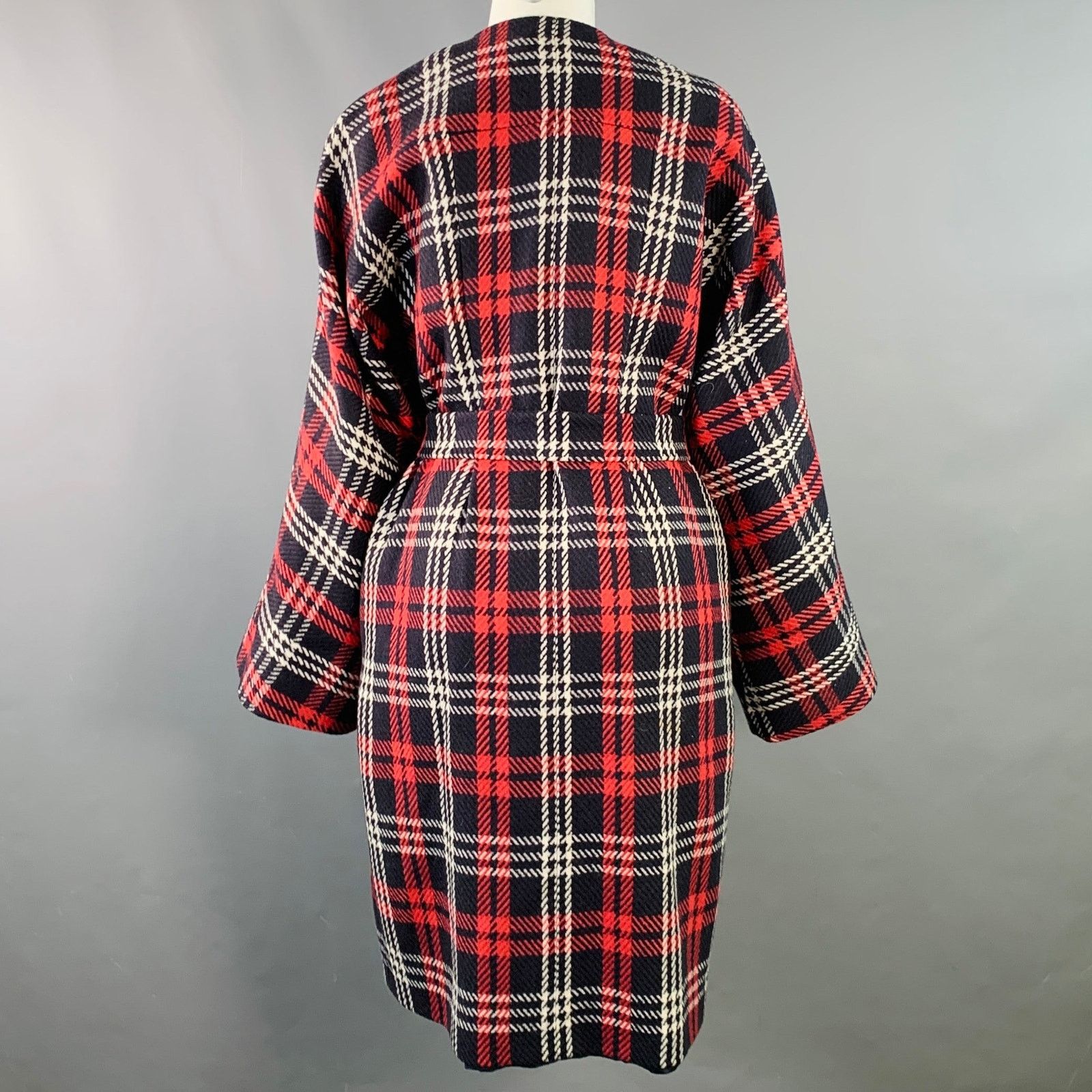 Les Copains Size S Black Red White Wool Plaid Collarless Belted Coat Size S / US 4 / IT 40 - 3 Thumbnail