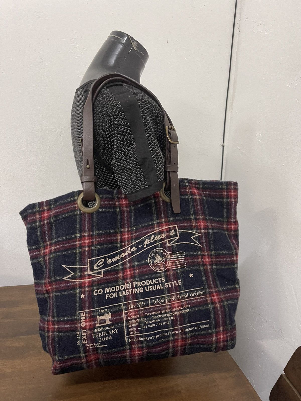 Japanese Brand × Vintage C’omodo +plus t japan wool plaid leather handle strap tote Size ONE SIZE - 15 Thumbnail