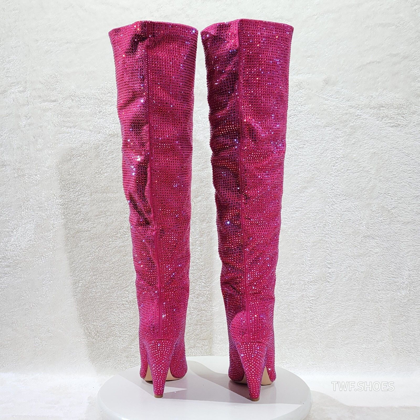 Other New Year Party Fuchsia Pink Rhinestone Thigh boots 4.25" Hee Size US 10 / IT 40 - 4 Thumbnail