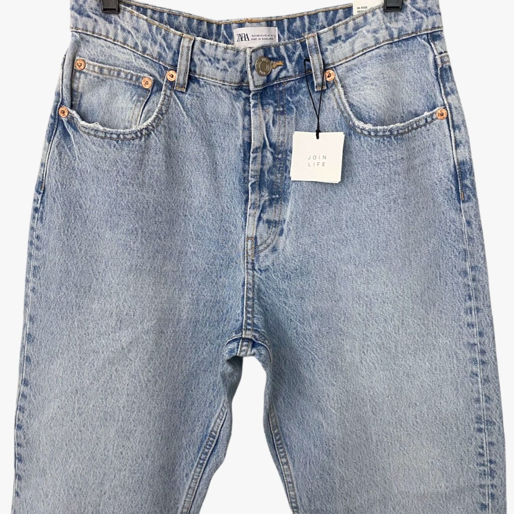 Zara ZARA High-Waisted Denim Jeans Blue Womens Size 12 Straight-Leg Raw-Hem New Size 34" / US 12 / IT 48 - 5 Thumbnail