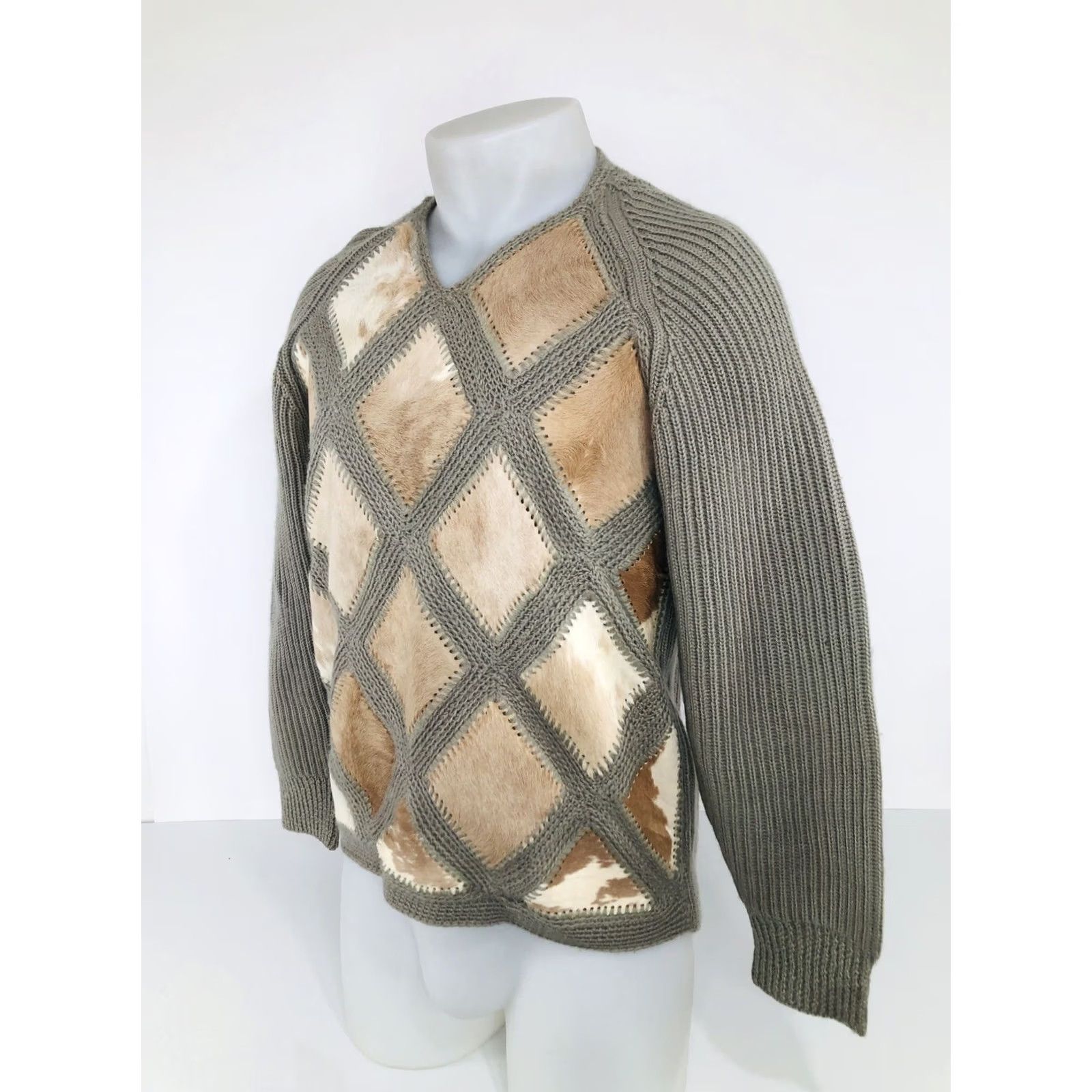 Vintage Shillito's Italy Vtg. Wool & Cow Hide Suede Leather Mens Sm. Sweater Shirt Regular S Greenish Beige / Tan 90s Italy Mens Size US S / EU 44-46 / 1 - 4 Thumbnail