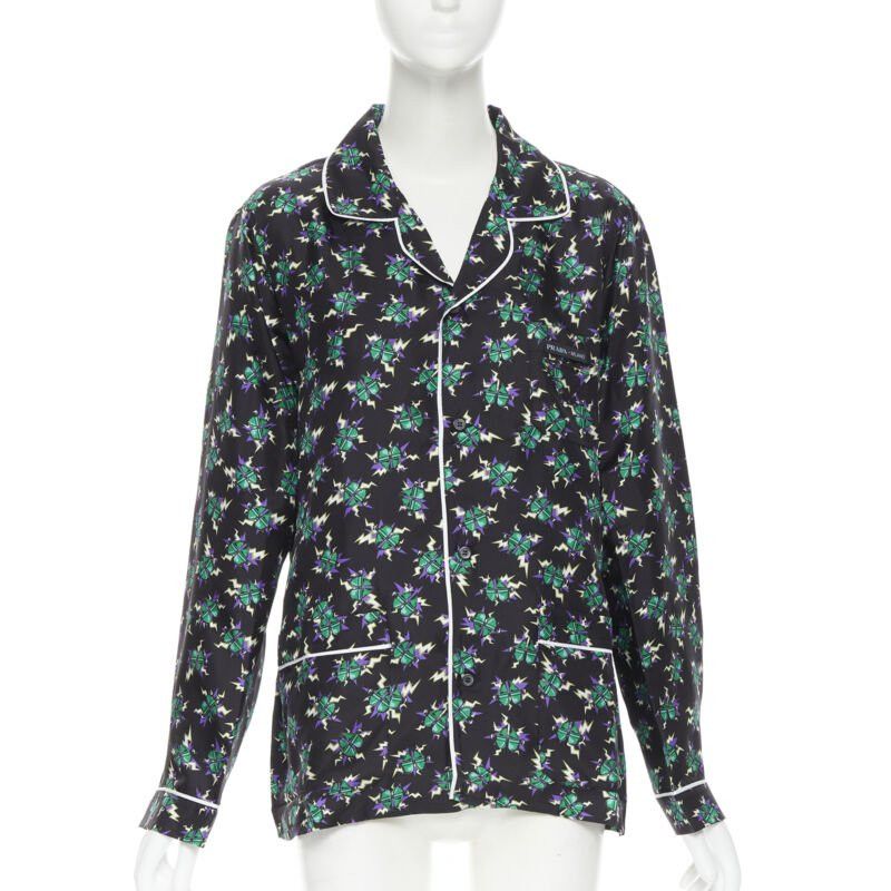 new PRADA 2019 Frankenstein Micro Heart black print 100% silk pyjama shirt top M