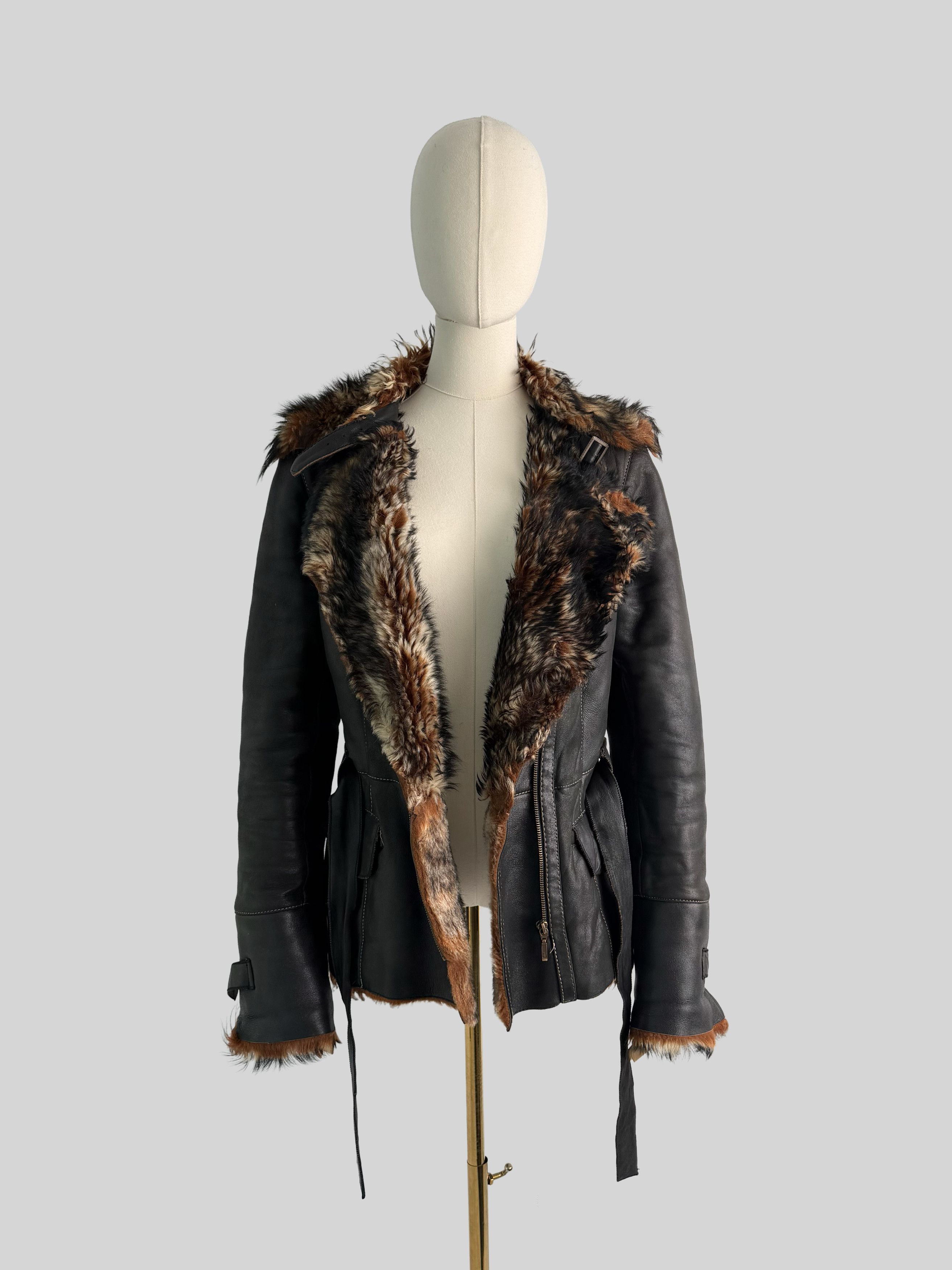 Vintage Vintage Sheepskin Jacket Belted Y2K Moto Biker Coat (ET1) Size S / US 4 / IT 40 - 3 Thumbnail