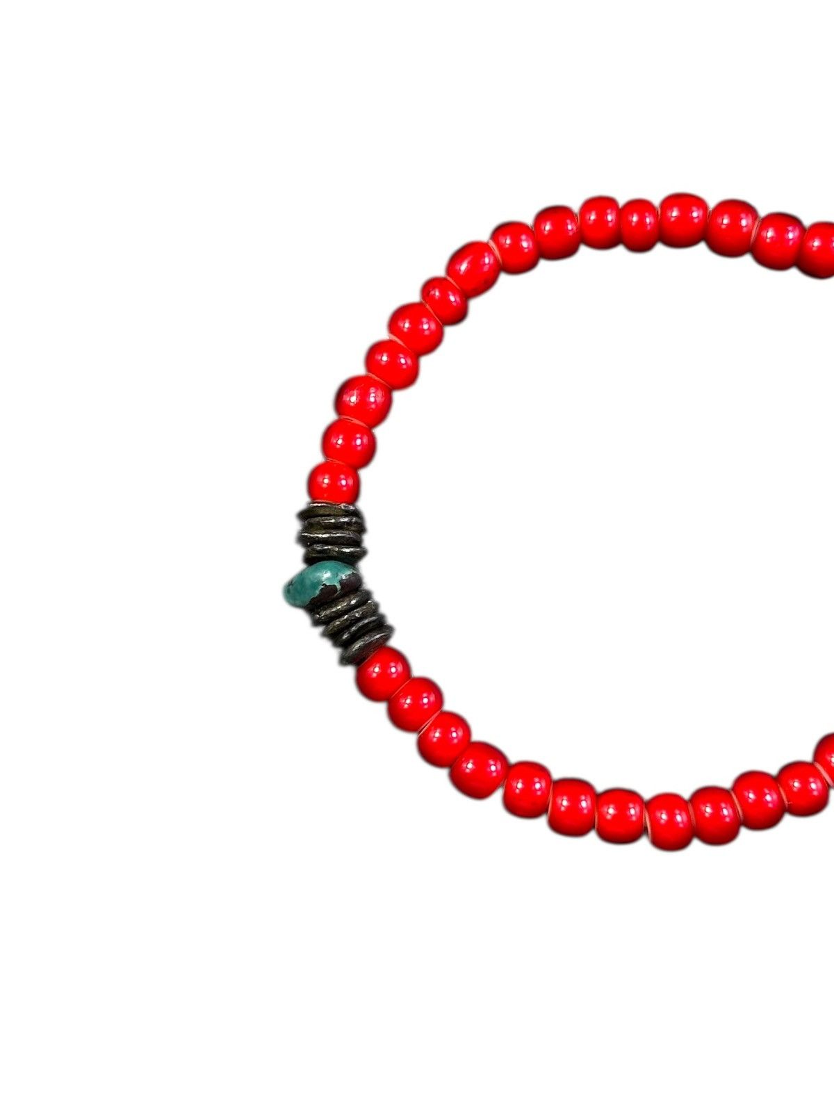 Vintage 1900 WHITE HEART BEADS WITH OLD TURQUOISE AND BRASS BRACELET Size ONE SIZE - 6 Thumbnail