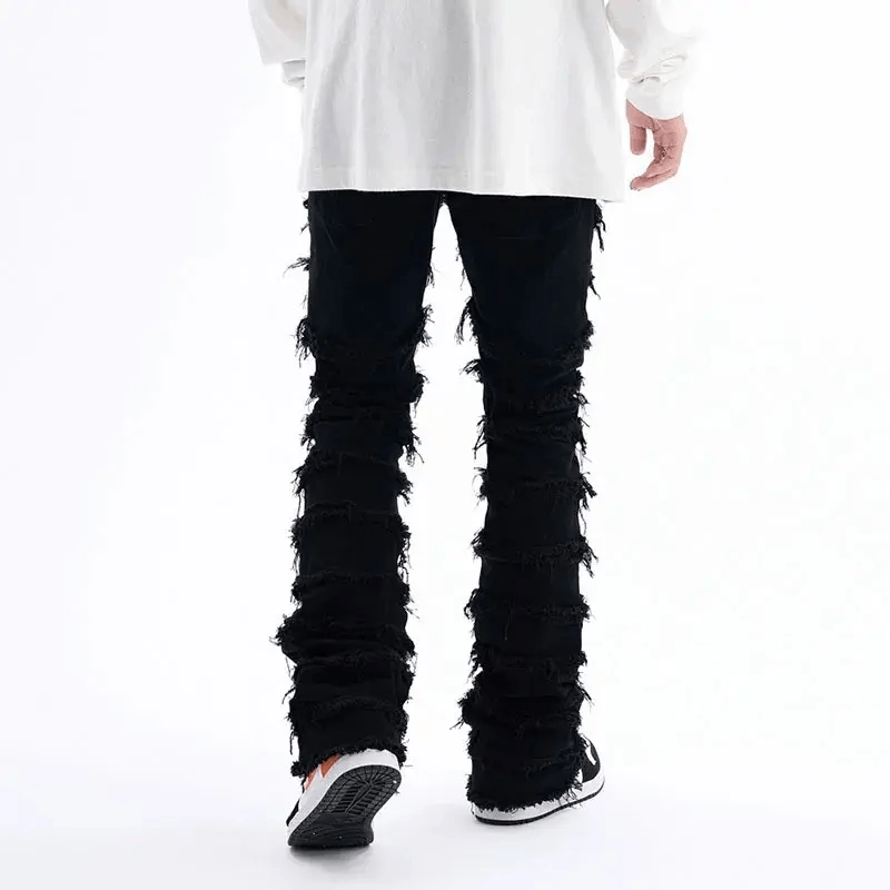 Jean × Vintage Black Striped Tassel Frayed Straight Baggy Jeans Pants Size US 32 / EU 48 - 2 Thumbnail