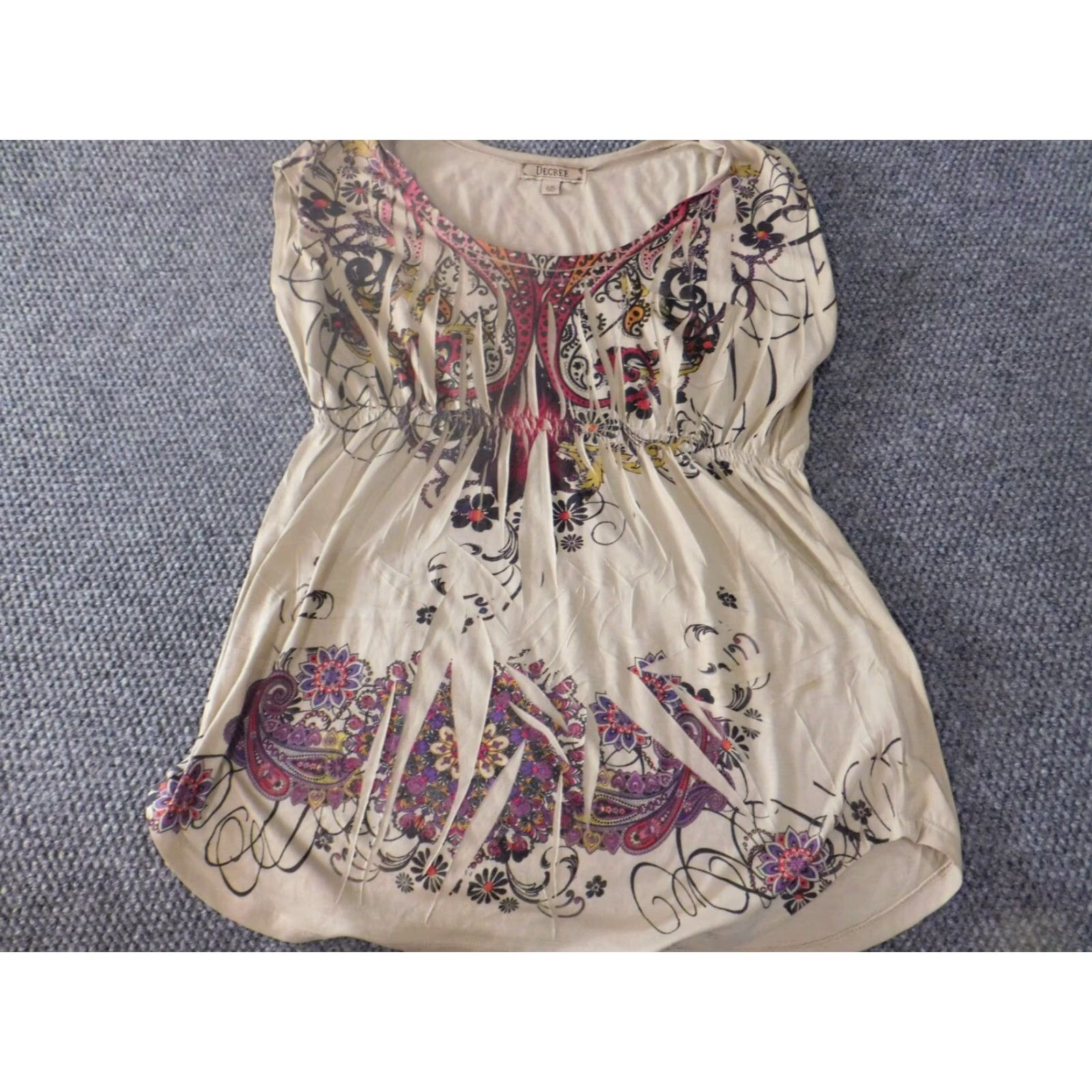 Decree Decree Blouse Womens Large Beige Floral Short Sleeve Crew Neck Pullover Designer Casual Size L / US 10 / IT 46 - 2 Thumbnail