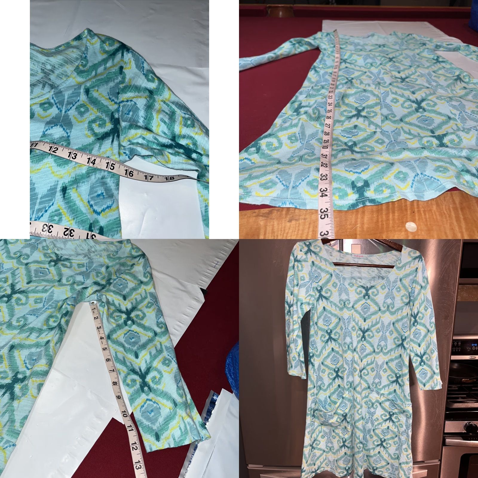 Vintage FRESH PRODUCE Cotton Knit Jersey Dress Aqua Blue Yellow 3/4 Sleeve Pockets A Line XS Pullover Geometric Shirt Dress Women Casual Dress Size XS / US 0-2 / IT 36-38 - 8 Thumbnail