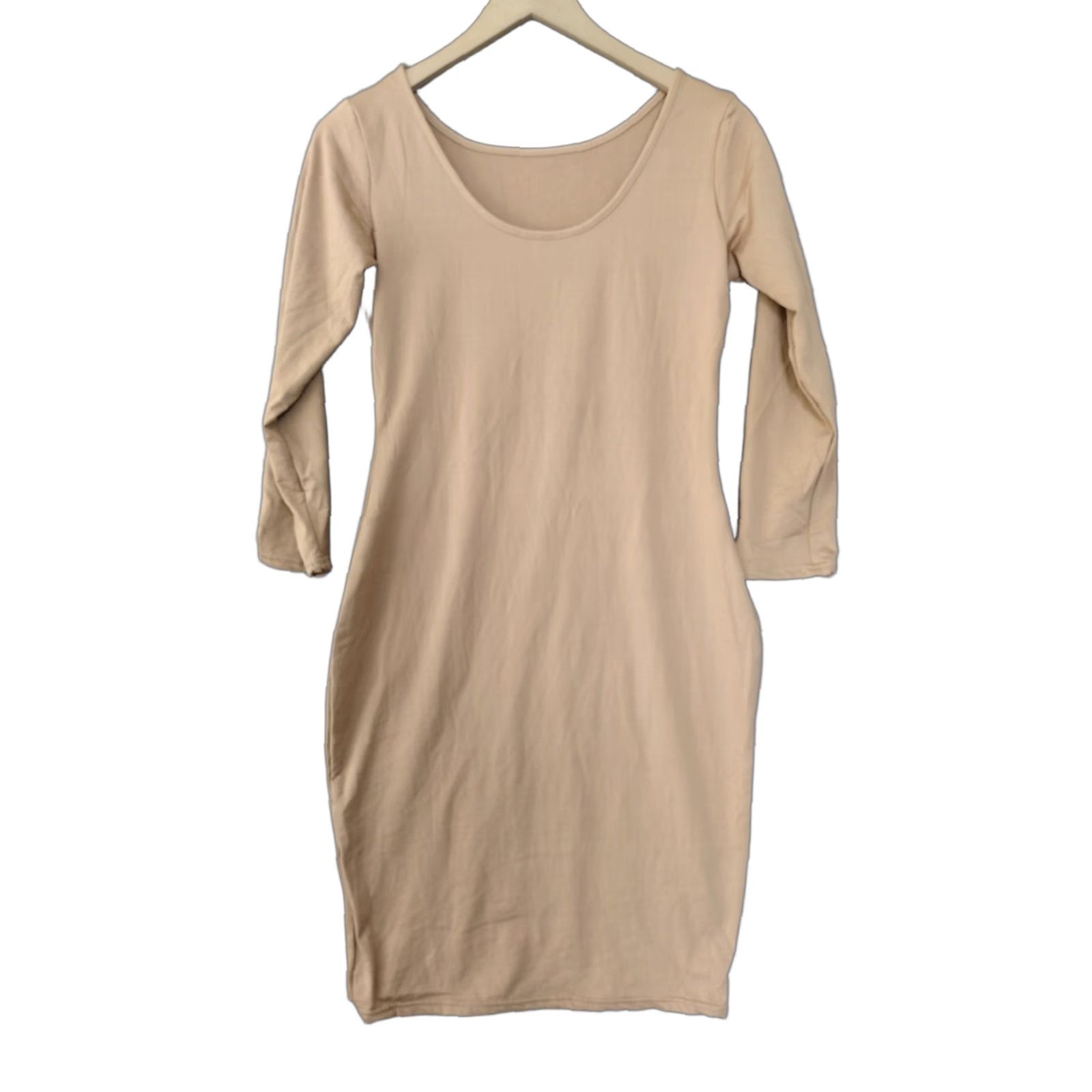 Vintage Scoop Neck Women's Seamless 3/4 Sleeve Bodycon Dress L Beige Size L / US 10 / IT 46 - 1 Thumbnail