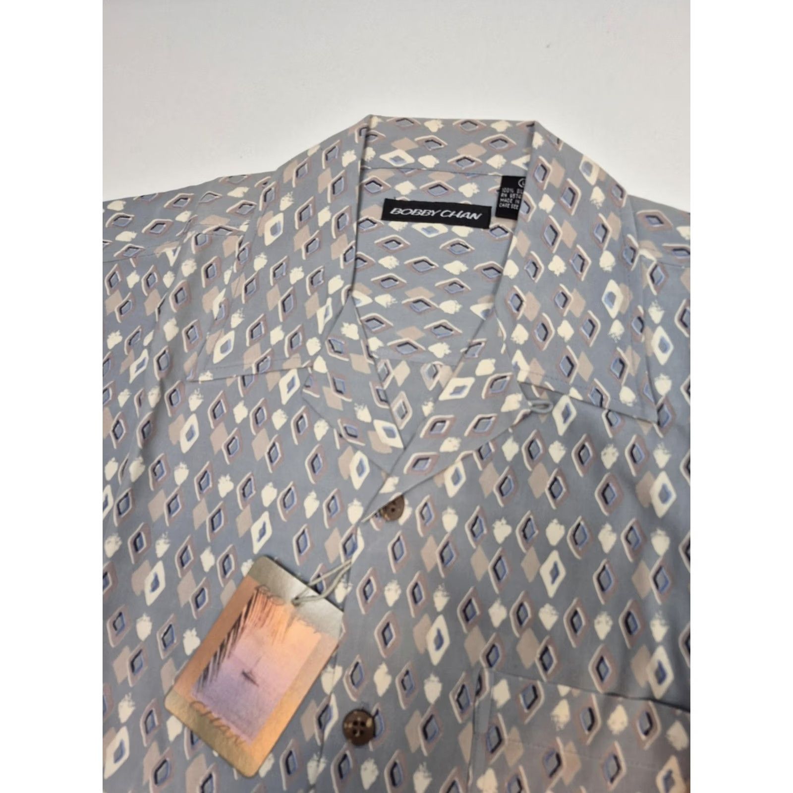 Vintage Bobby Chan Shirt Mens L Blue Geometric Washable Silk Button Up Short Sleeve Size US L / EU 52-54 / 3 - 2 Thumbnail