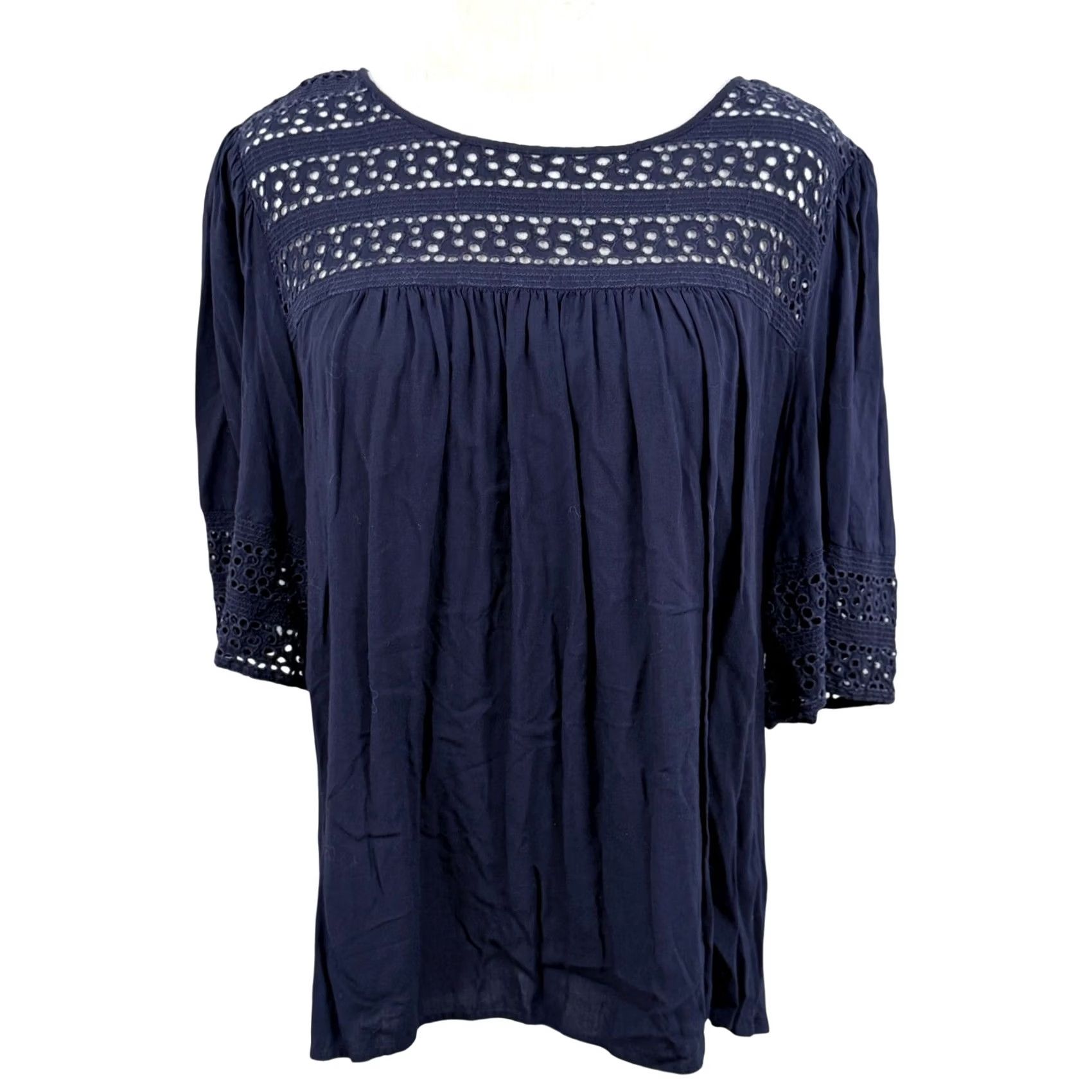 Loft LOFT Blouse Navy Blue Eyelet Crochet Lace Peasant Top Casual Workwear Womens M Size M / US 6-8 / IT 42-44 - 2 Thumbnail